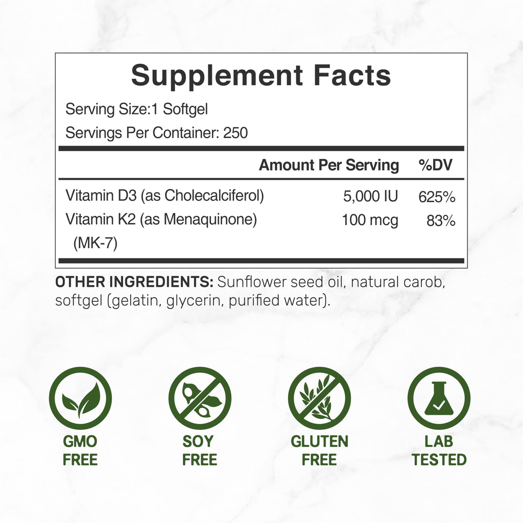DEAL SUPPLEMENT 2 Pack Vitamin D3 5,000 IU + K2 MK7 Softgels, 500 Count | 2-in-1 Complex | Supports Heart, Bone, Teeth & Immune Health | Easy to Swallow