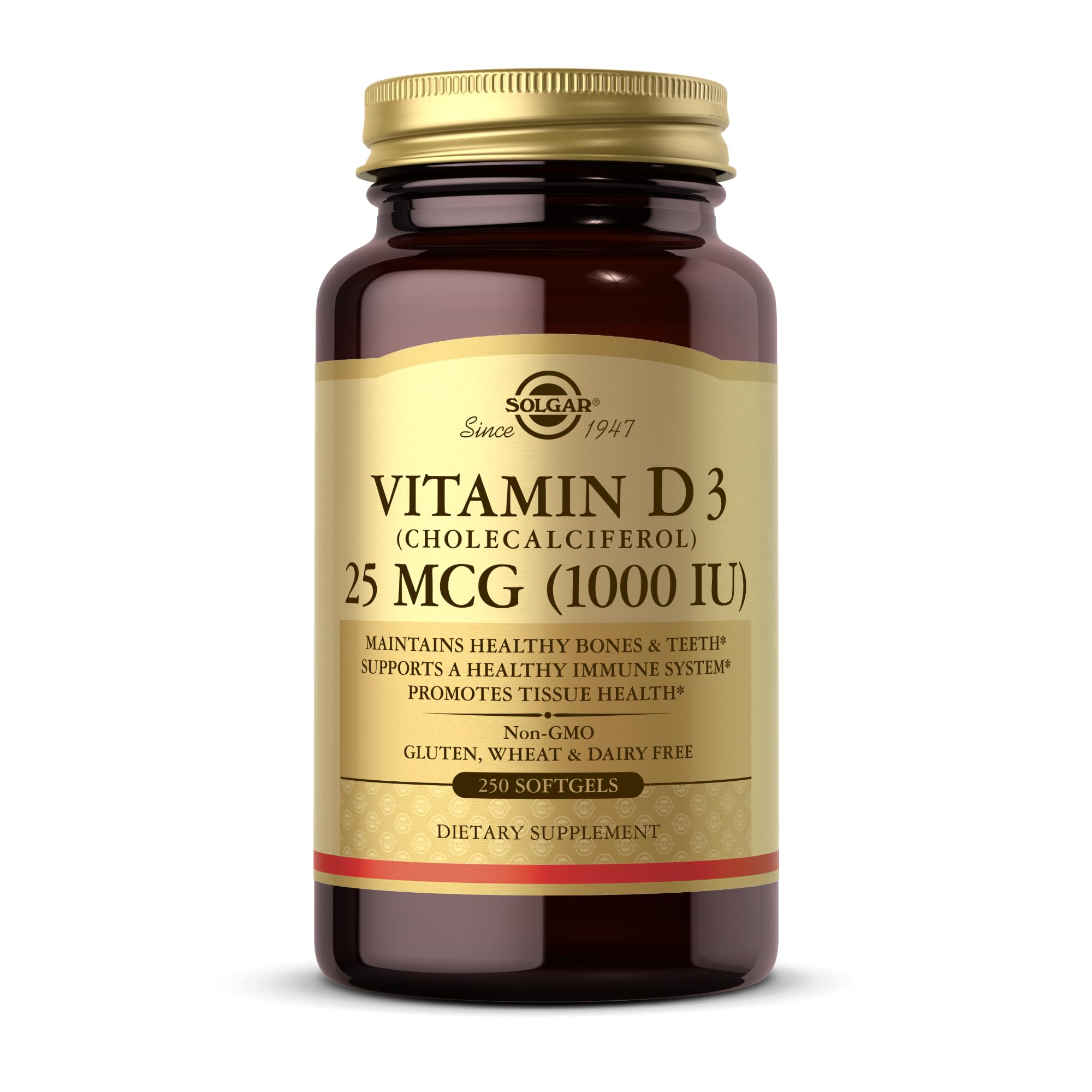 Solgar Vitamin D3 (Cholecalciferol) 25 MCG (1000 IU), 250 Servings | Helps Maintain Healthy Bones & Teeth, Immune System Support, Non-GMO, Gluten Free, Dairy Free - 250 Softgels