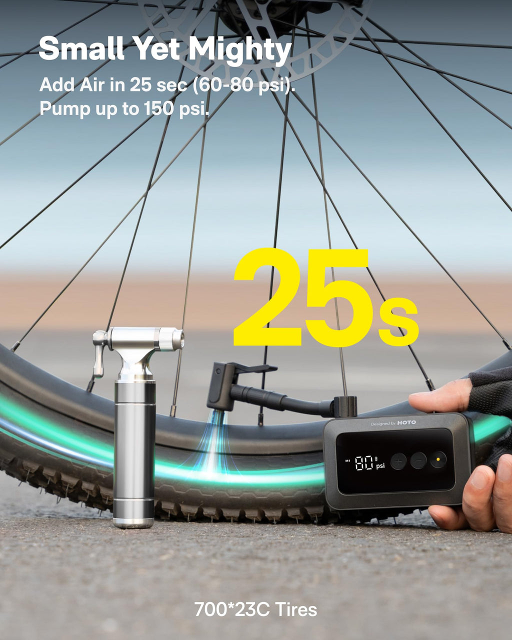 HOTO Electric Bike Tire Pump, Mini Bicycle Pump, 25s Fast Inflate
