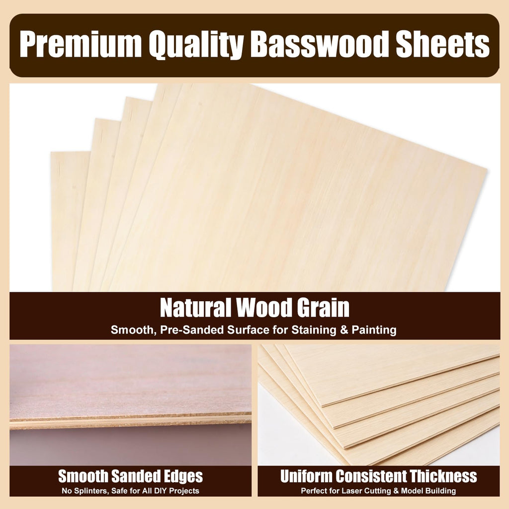 5Pack Balsa Wood Sheets Basswood Craft Plywood 12"x12"x1/16