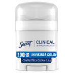 Secret Clinical Strength 100HR Sweat & Odor, Invisible Solid Antiperspirant & Deodorant for Women, 3X Stress Protection with Hyaluronic Acid, PH Balanced, Completely Clean Scent, 0.5 oz
