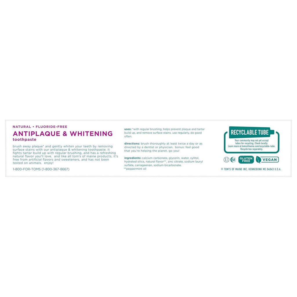 Buy now Tom's of Maine Fluoride-Free Antiplaque & Whitening Natural Toothpaste, Peppermint, 5.5 oz. (Pack of 2) at indiglob india