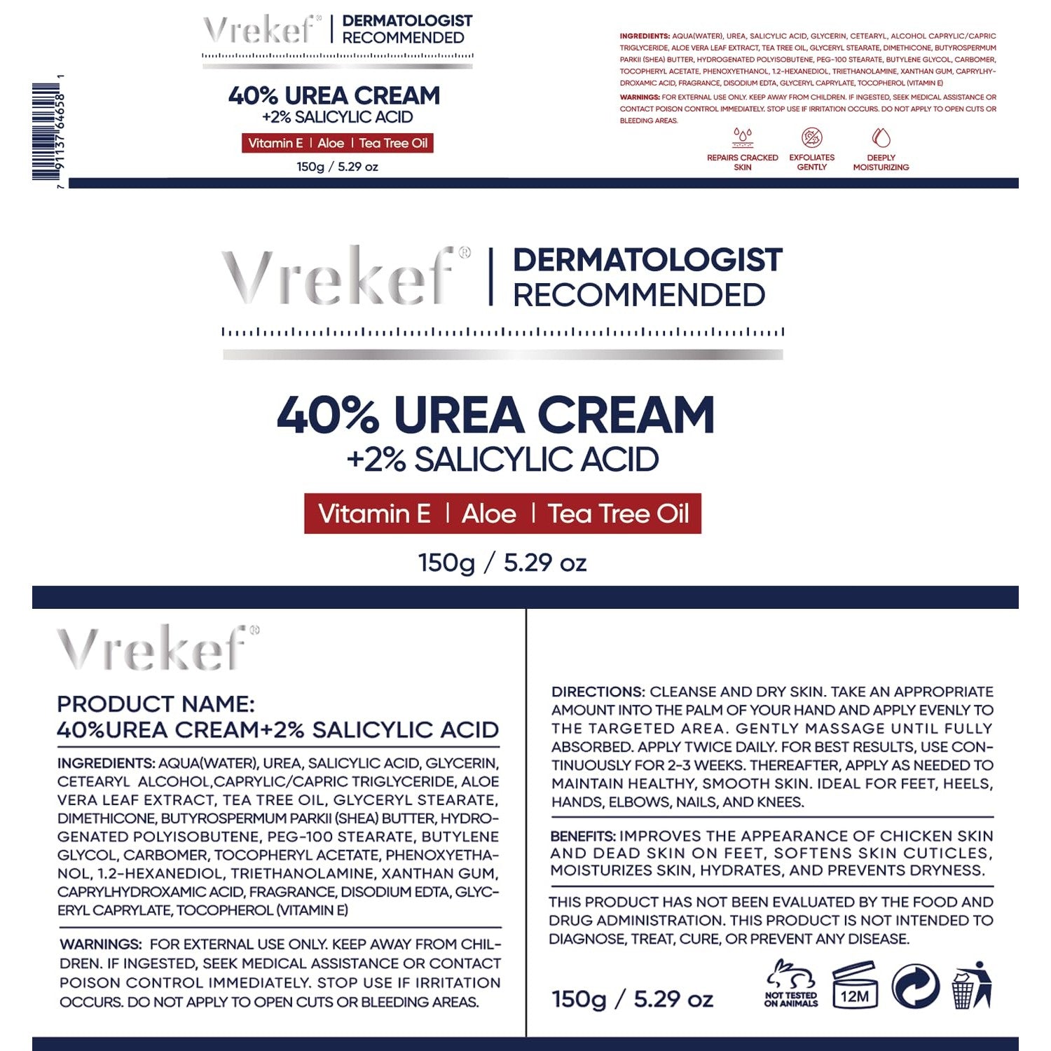 Urea Cream 40 Percent with 2 Percent Salicylic Acid, Foot & Hand Cream for Dry Cracked Heels, Callus Softener for Feet, Exfoliating Foot Cream for Rough Thick Skin, 5.29 oz