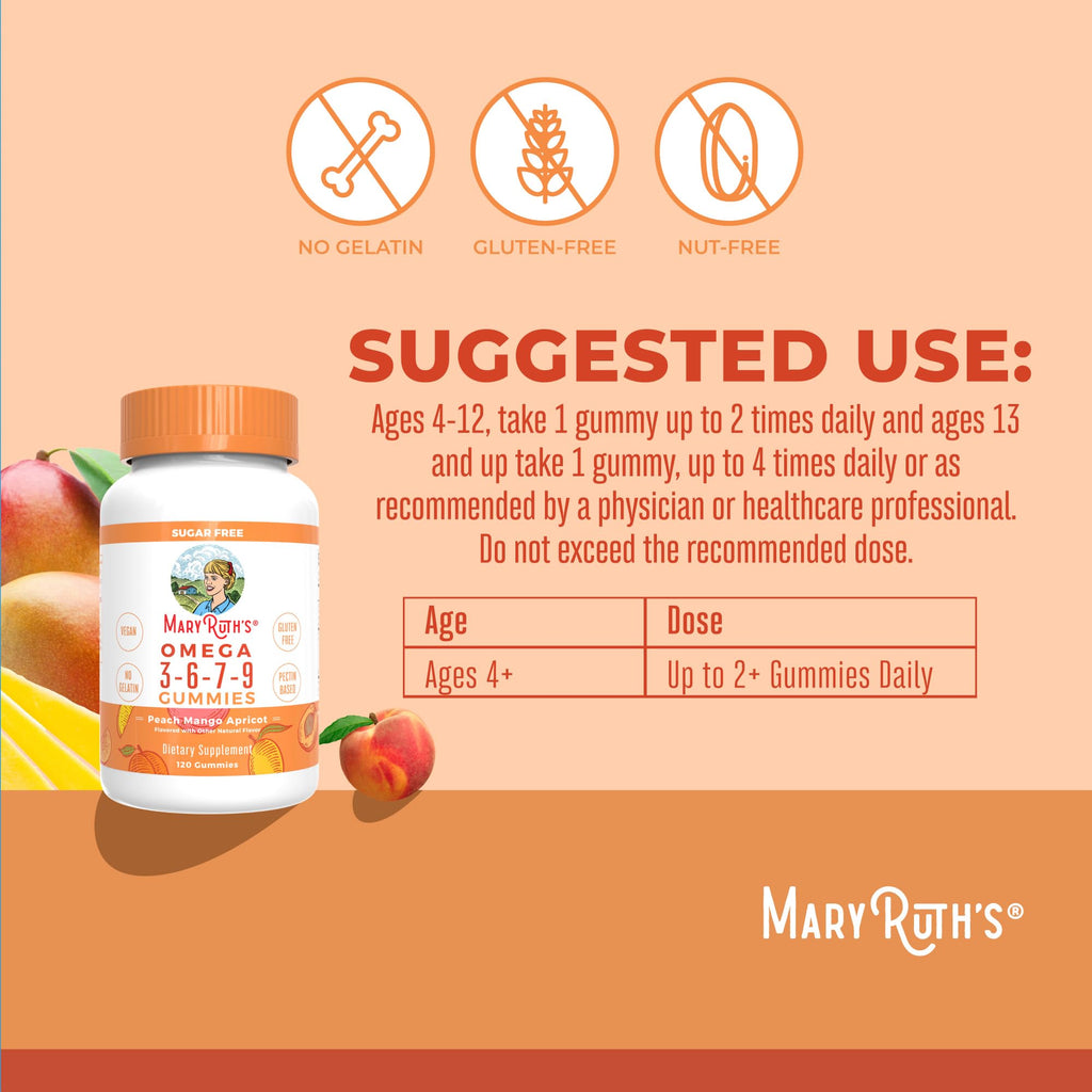 MaryRuth's Vegan Omega 3 6 7 9 Gummies, No Fish Taste, Up to 4 Month Supply | Up to 4 Month Supply, With Flaxseed Oil, No Fish Taste, Non-GMO