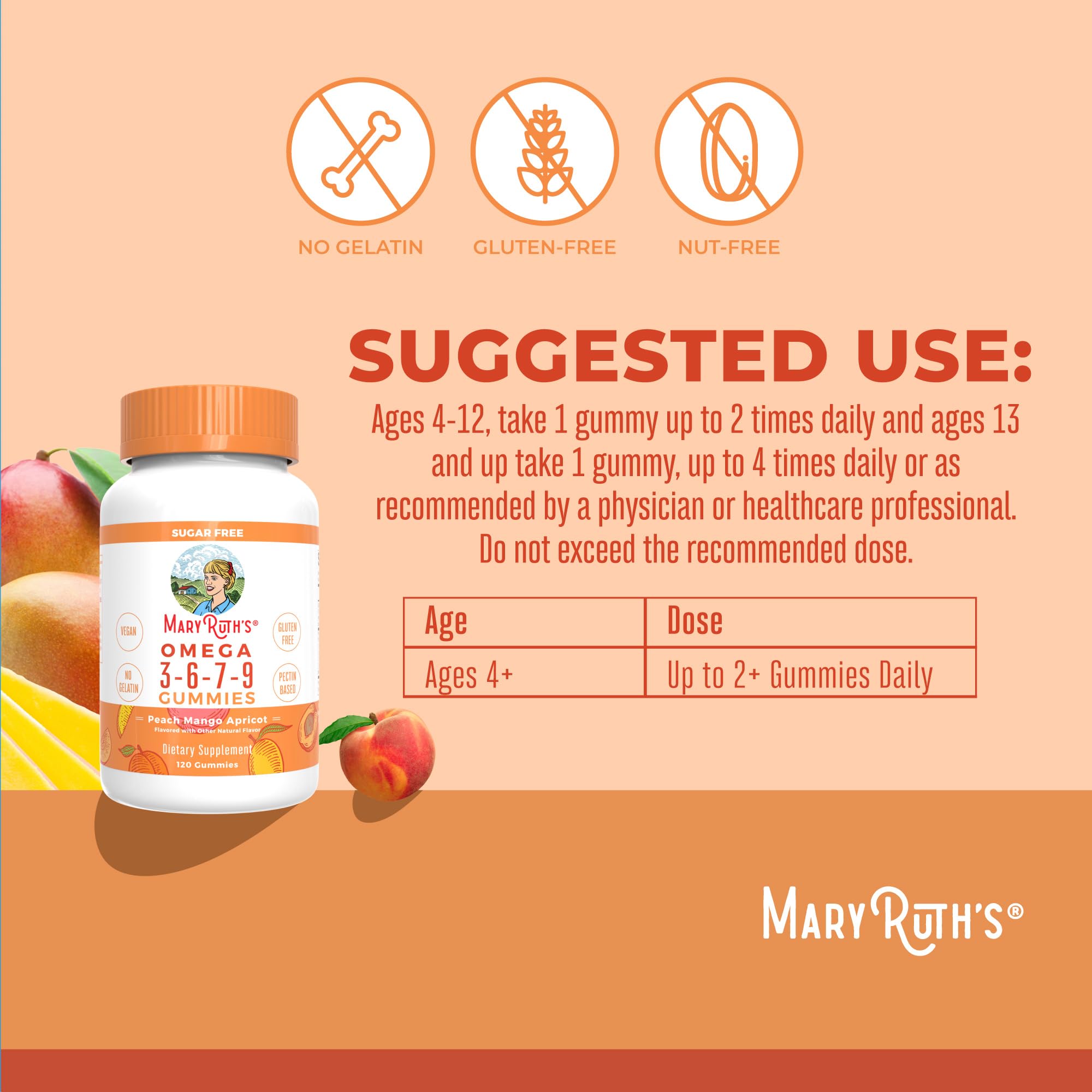 MaryRuth's Vegan Omega 3 6 7 9 Gummies, No Fish Taste, Up to 4 Month Supply | Up to 4 Month Supply, With Flaxseed Oil, No Fish Taste, Non-GMO