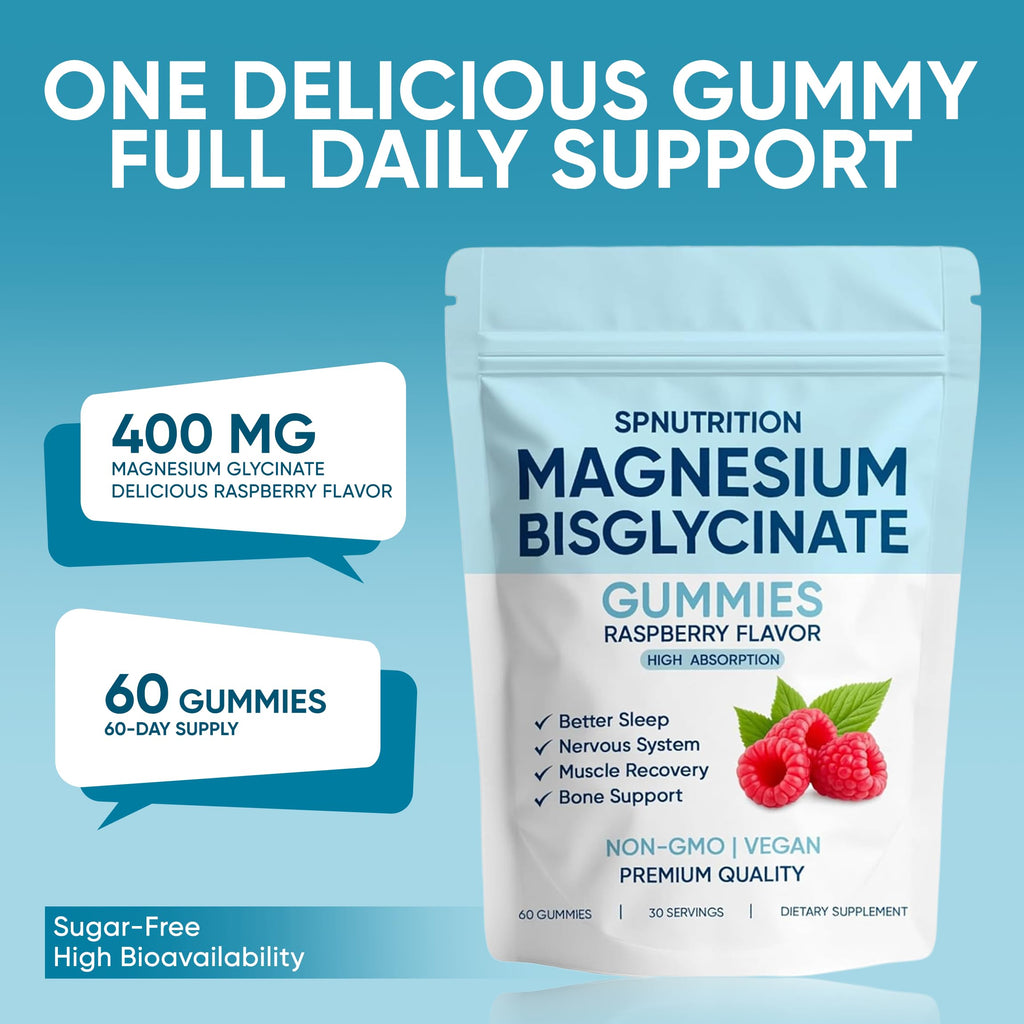 Spnutrition Magnesium Bisglycinate Gummies – 400mg Magnesium Bisglycinate Chelate, with Sea Salt & Raspberry Fruit Powder – Vegan, 60 Gummies
