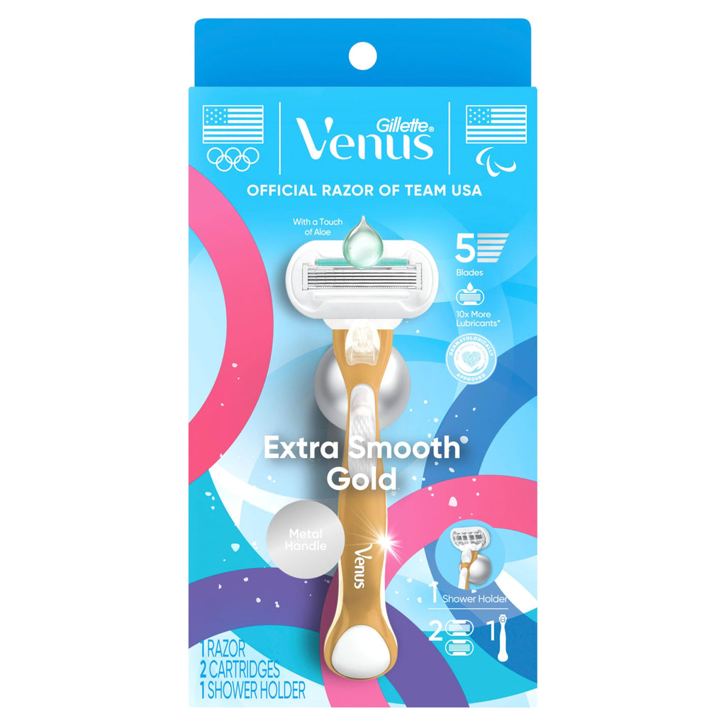 Gillette Venus Extra Smooth Sensitive Gold Women's Razor Handle + 2 Blade Refills, includes Shower Holder