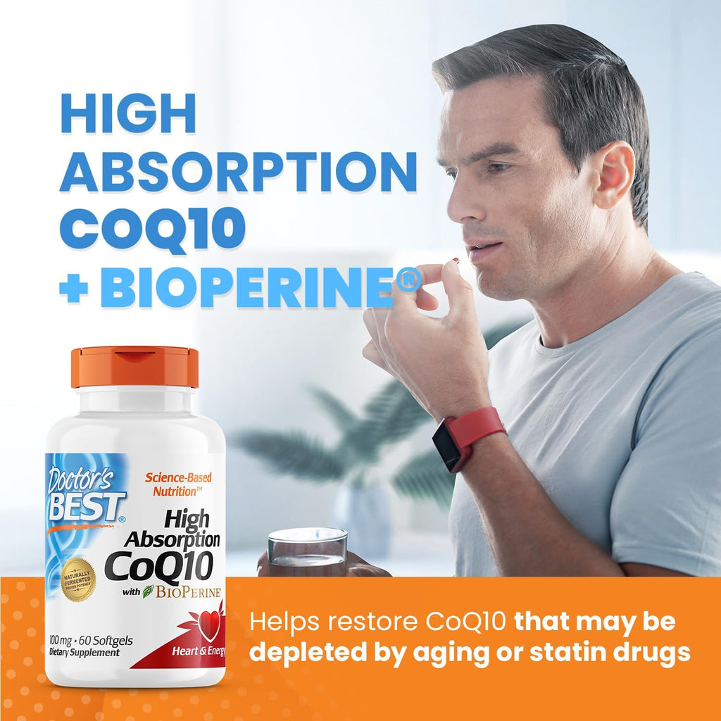 Buy now Doctor's Best High Absorption CoQ10 with BioPerine, Gluten Free Naturally Fermented, Heart Health & Energy Production, 100 mg, 60 SoFtgels at indiglob india