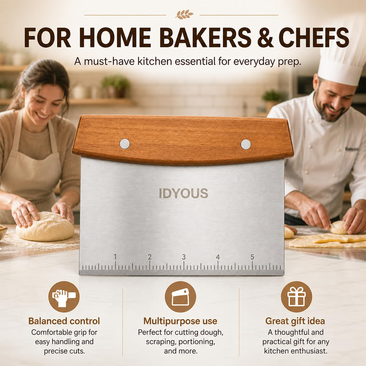 Bench Scraper and Dough Cutter, Stainless Steel Bread Cutter