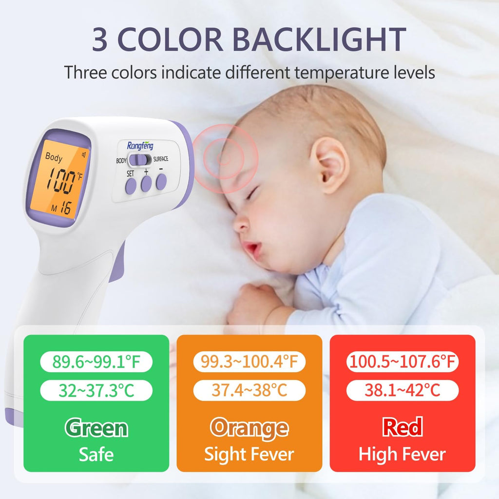 Non‑Contact Forehead Thermometer, 1‑Sec Infrared Thermometer for Baby Kids Adults, Fever Alarm with 3‑Color Backlight, 32‑Memory, Body & Surface Mode, °F/°C Switch, FDA Cleared