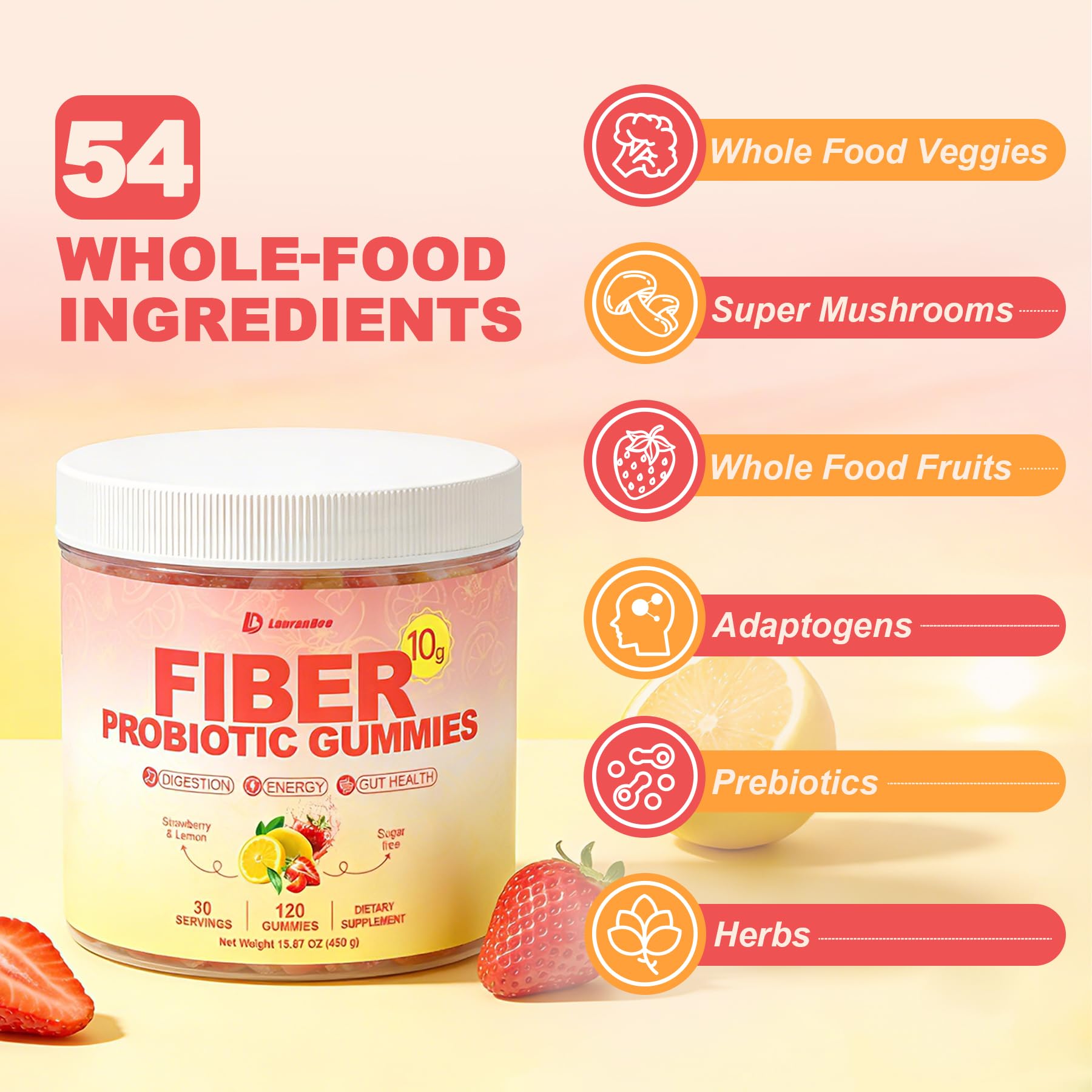 10g Fiber Gummies for Adults & Women Sugar Free High Fiber Supplement | with Probiotics, Organic Super Greens & Digestive Enzymes, Supports Gut Health, Energy & Regularity, Vegan, 120 Count