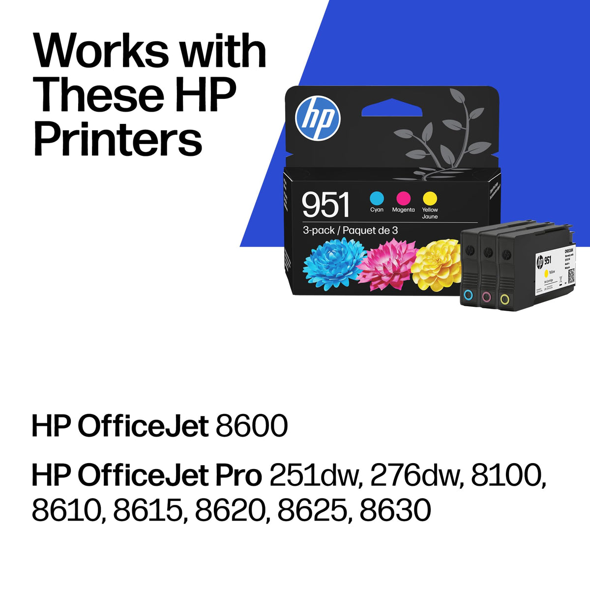 HP 951 Cyan, Magenta, Yellow Ink Cartridges (3 Pack) | Works with OfficeJet 8600, OfficeJet Pro 251dw, 276dw, 8100, 8610, 8620, 8630 | Eligible for Instant Ink | CR314FN