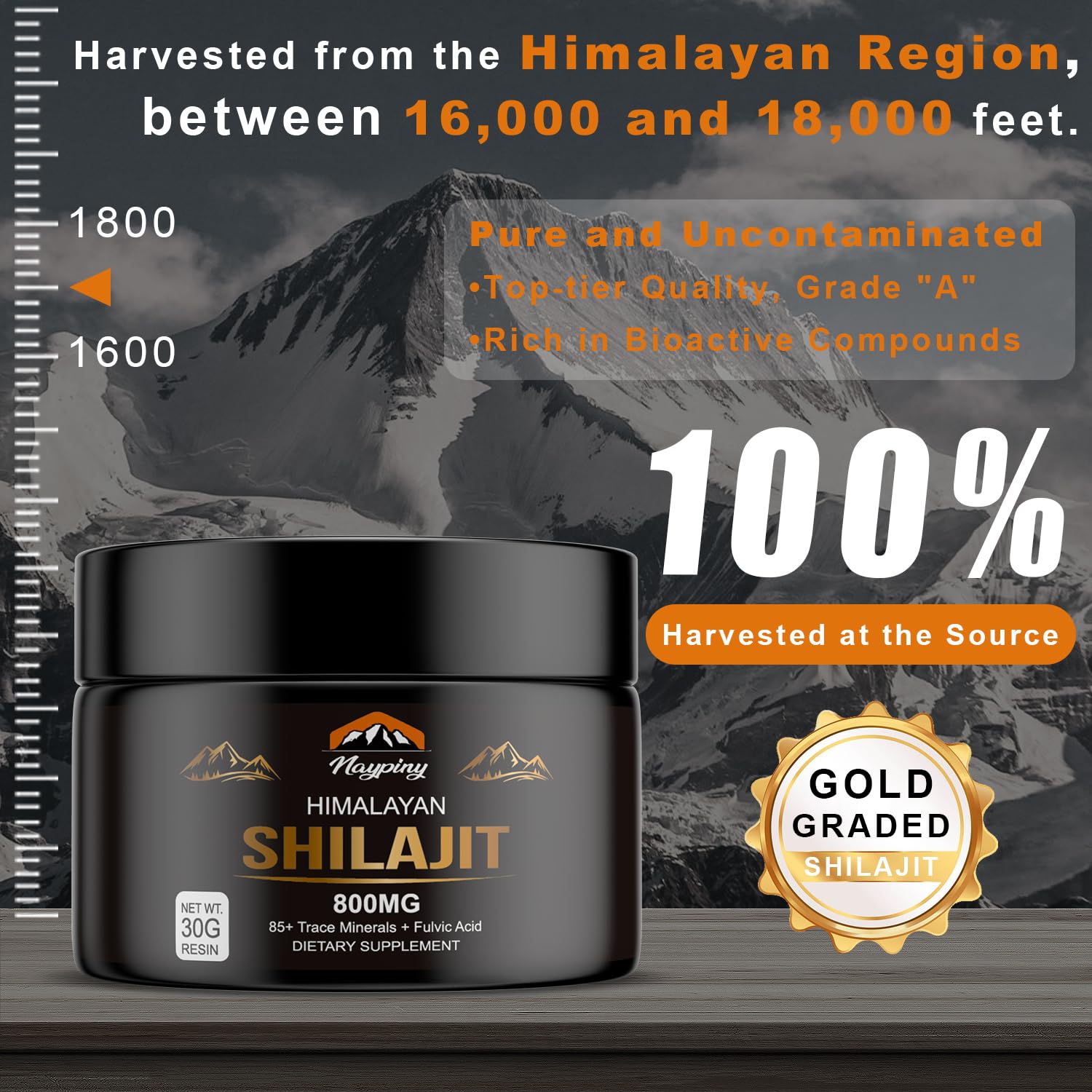Shilajit Pure Himalayan Organic Resin - 800mg Gold Grade Shilajit Resin with Fulvic Acid & 85+ Trace Minerals Complex for Energy, Strength & Immunity, Shilajit for Men & Women, 800mg