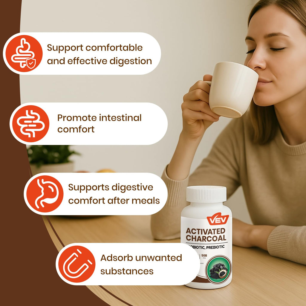 VEV Activated Charcoal with Organic Coconut Shell Charcoal & 50 Billion Probiotics – 120 Vegan Capsules for Digestive Wellness & Dietary Support