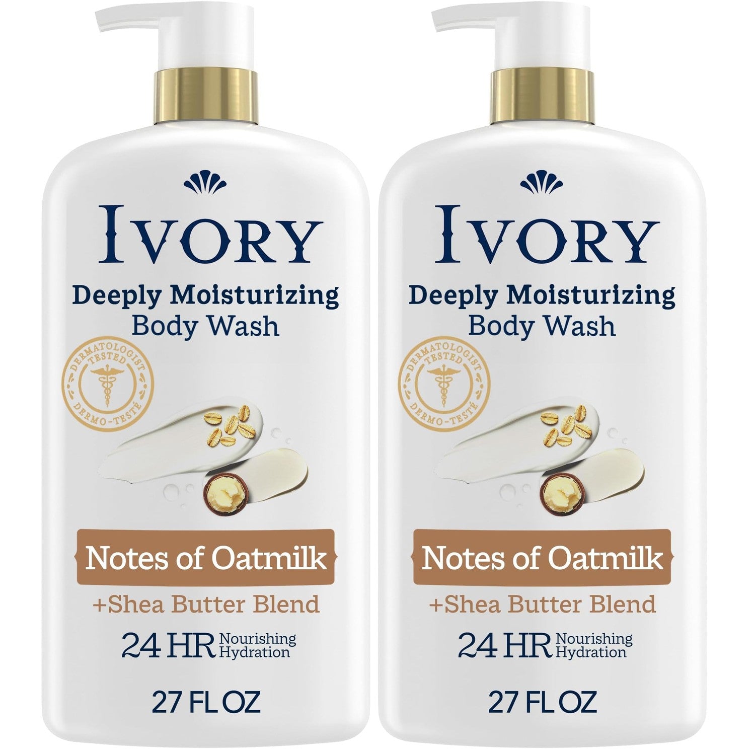 Ivory Body Wash, Deeply Moisturizing, 24hr Nourishing Hydration, Soothes Itchy Dry Skin, Made with Shea Butter Blend, Free of Dyes Heavy Perfumes Parabens & Phthalates, Oatmilk Scent, 27 oz