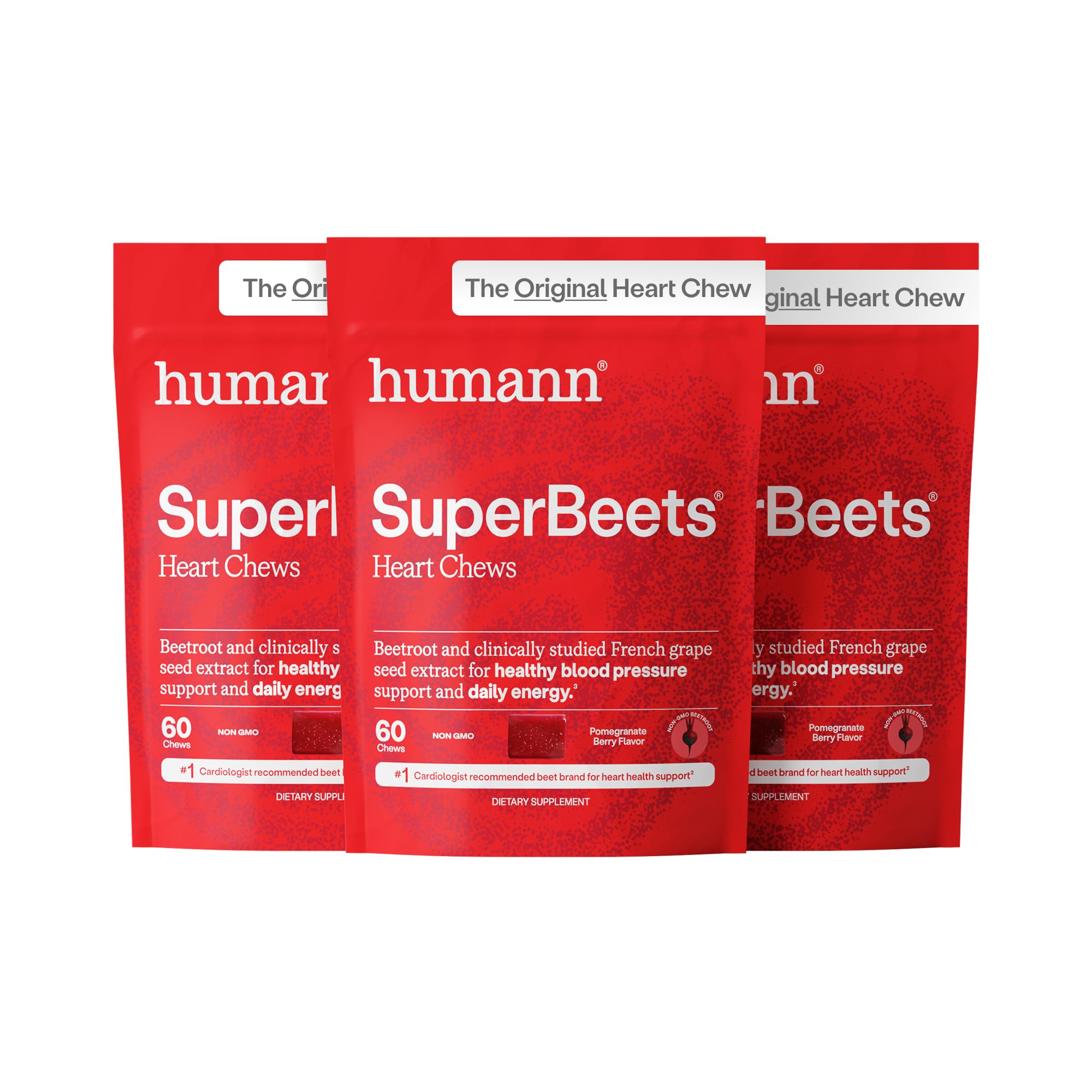 HumanN SuperBeets Heart Chews, Pomegranate Berry Flavor, 180 Ct | Blood Pressure Support, Nitric Oxide, Heart Health & Energy, Beet Root Powder & Grape Seed Extract, Once Daily, Made in USA