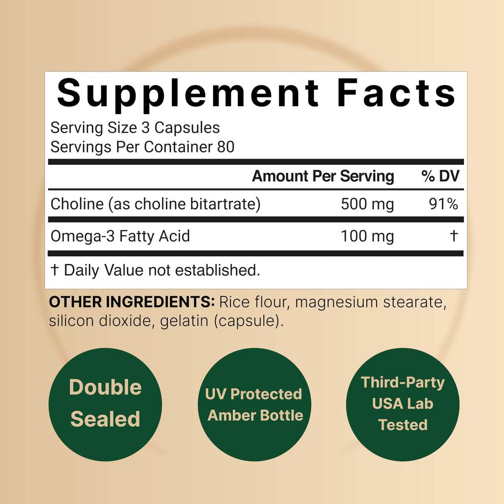 NatureBell Choline 500 mg with Omega-3 Fatty Acids, 240 Capsules | Extra Strength 2-in-1 Choline Bitartrate Formula | Non-GMO