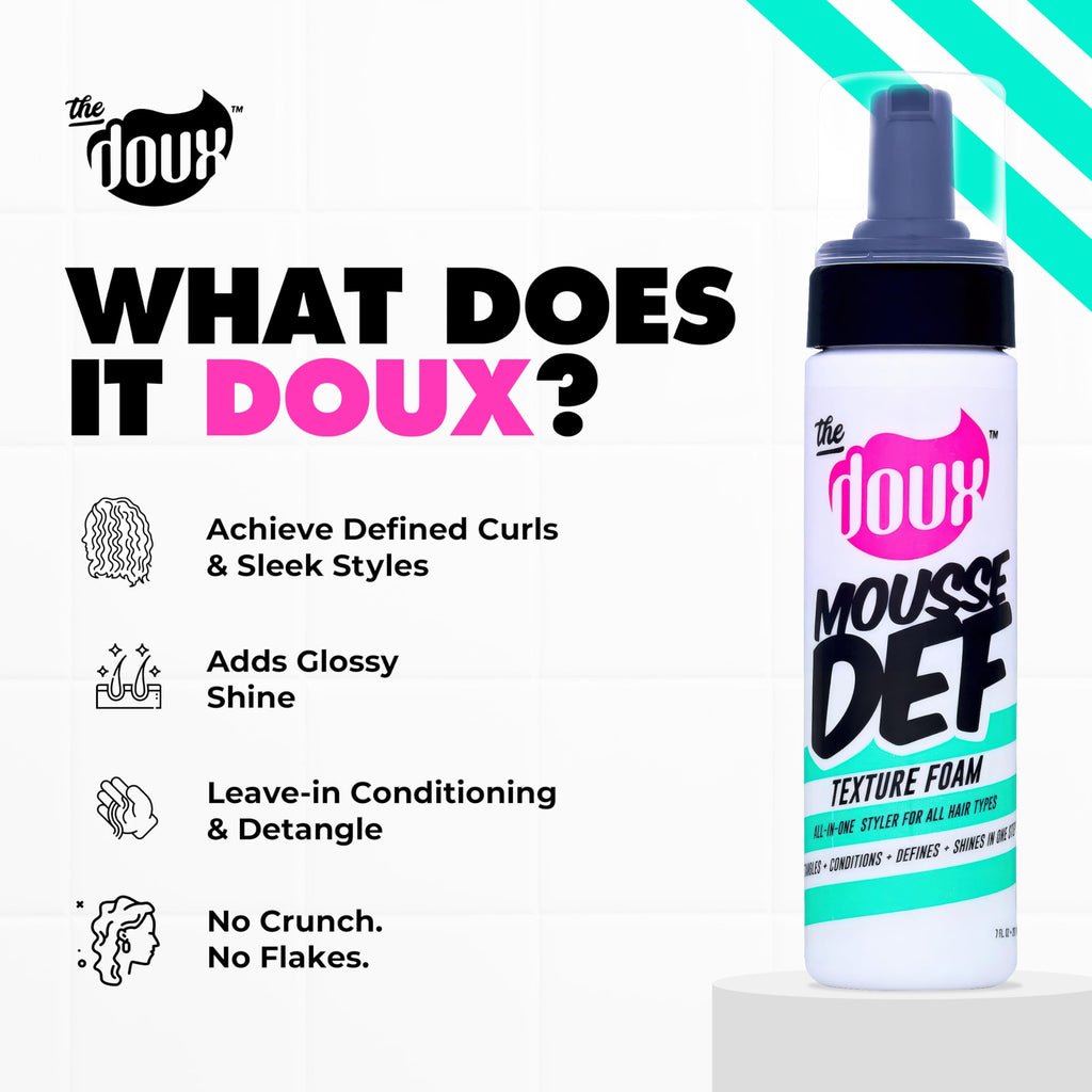 The Doux MOUSSE DEF Texture Foam, Multi-Use Styling Mousse, 7 oz | Styles, Conditions, Defines & Volumizes with Brilliant Shine, For All Curl Types & Textures, Non-Flaking Formula