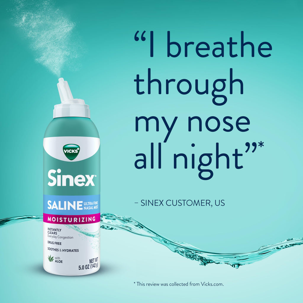 Buy now Vicks Sinex Saline Moisturizing Nasal Spray, with Aloe, Drug Free Ultra Fine Mist, Clear Everyday Sinus Congestion Fast, Clear Mucus from a Cold or Allergy, 5 OZ x 2 at indiglob india