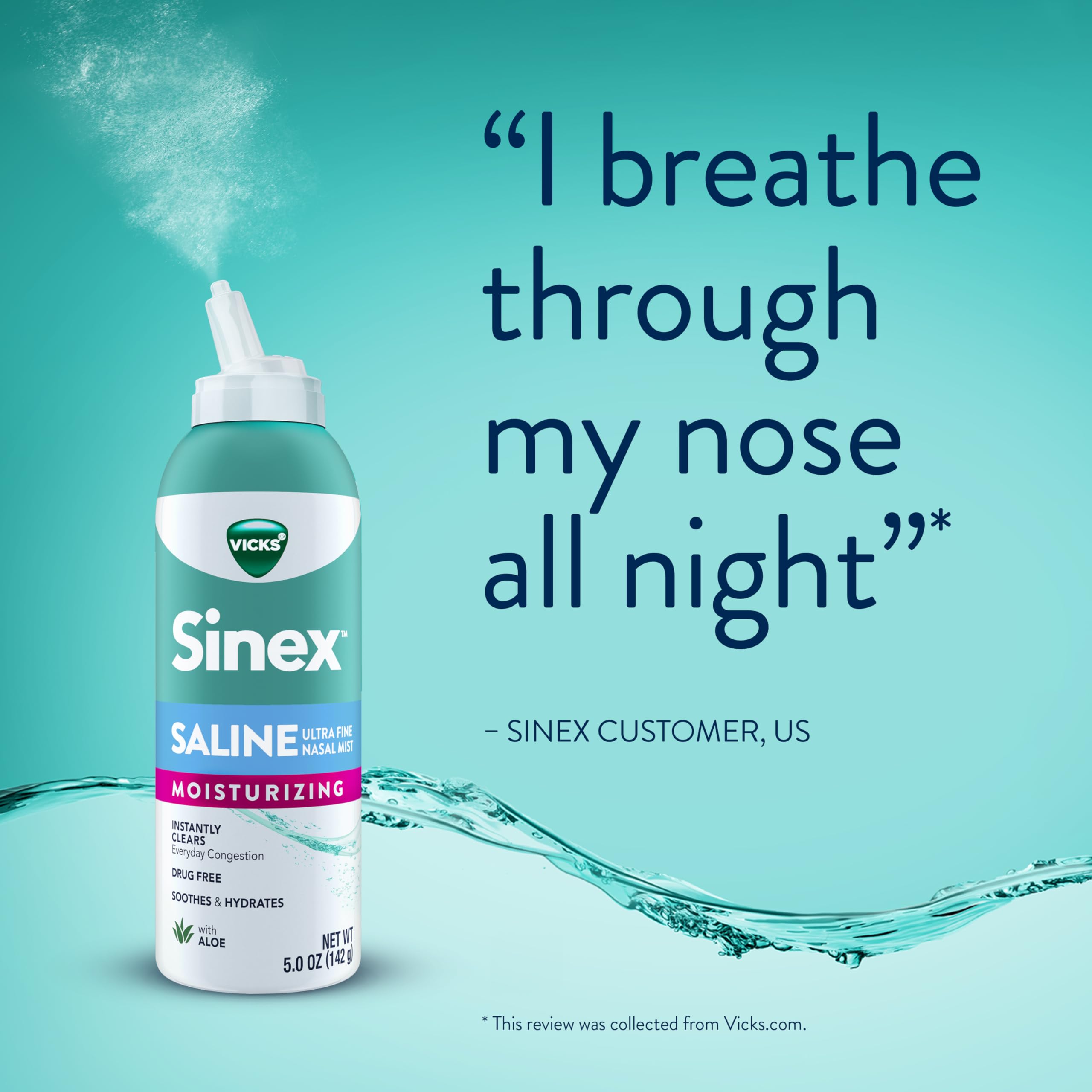 Buy now Vicks Sinex Saline Moisturizing Nasal Spray, with Aloe, Drug Free Ultra Fine Mist, Clear Everyday Sinus Congestion Fast, Clear Mucus from a Cold or Allergy, 5 OZ x 2 at indiglob india