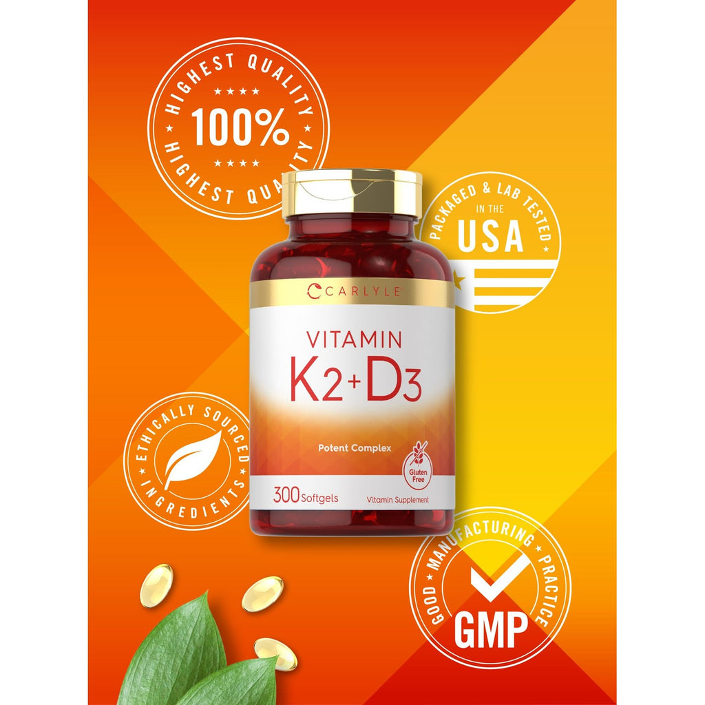 Carlyle Vitamin K2 D3 Supplement | 300 Softgels | 200mcg K2 MK7 & 10,000 IU D3 | Non-GMO, Gluten Free