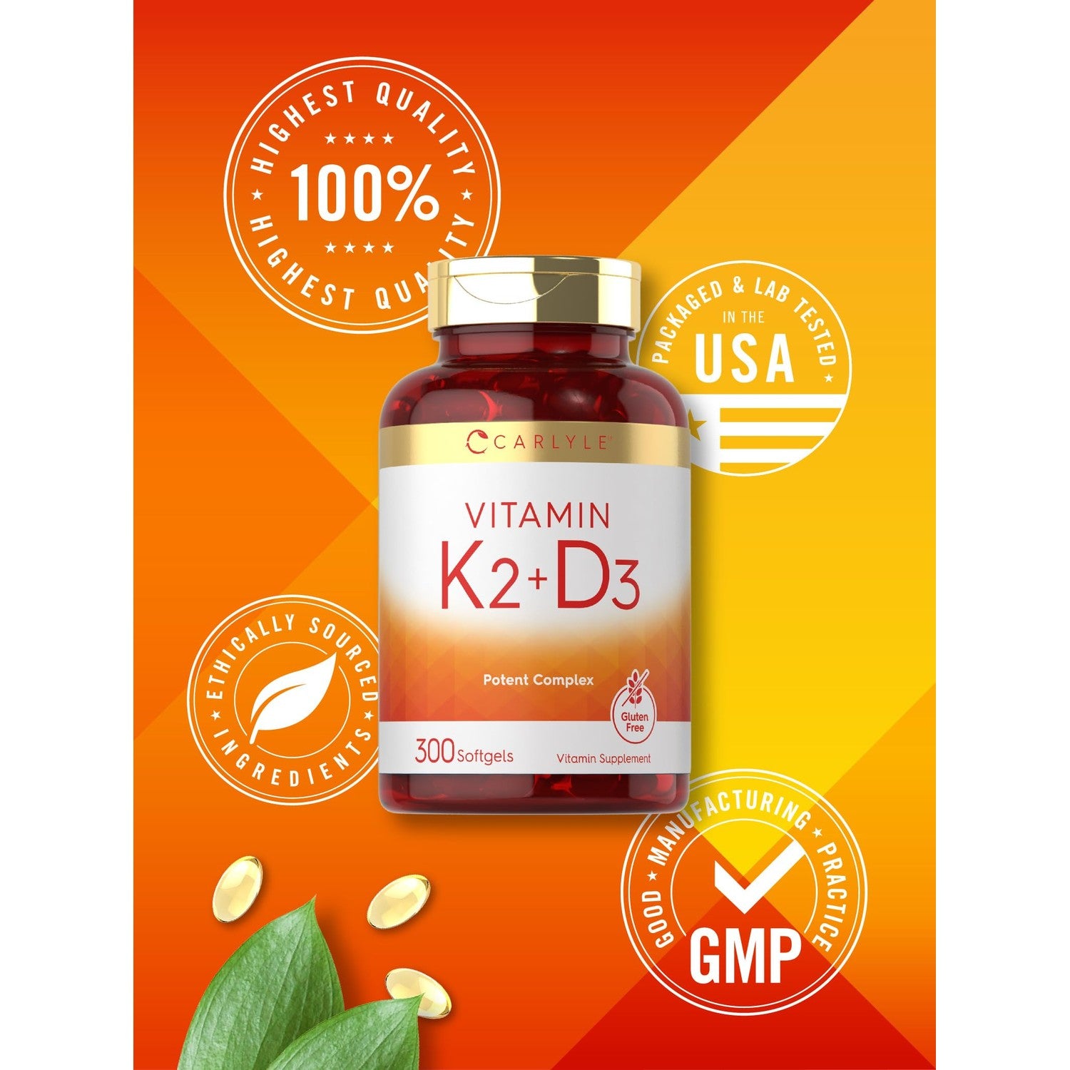 Carlyle Vitamin K2 D3 Supplement | 300 Softgels | 200mcg K2 MK7 & 10,000 IU D3 | Non-GMO, Gluten Free