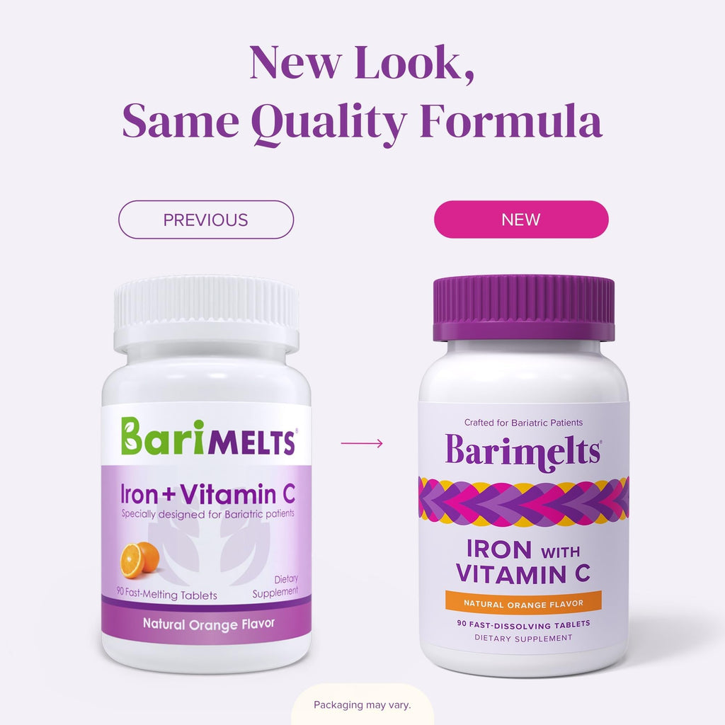 Barimelts Iron with Vitamin C, 180 Fast-Dissolving Tablets (2-Month Supply), Sugar-Free Bariatric Iron Supplement for Women, Natural Orange Flavor
