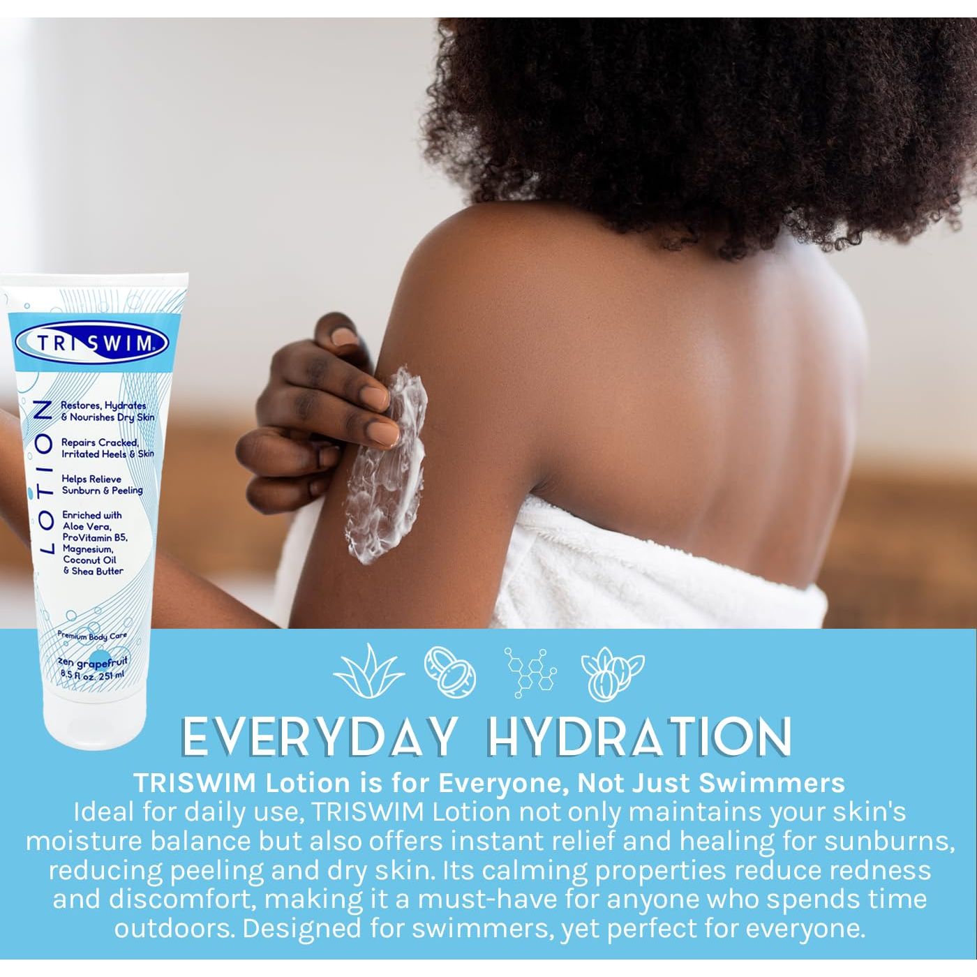 Buy now TRISWIM Swim Lotion 8.5oz | Neutralizes Chlorine, Bromine & Saltwater Odors | Hydrates & Soothes Dry Skin | Enriched with Aloe, Shea Butter & Coconut Oil | Zen Grapefruit Scent at indiglob india