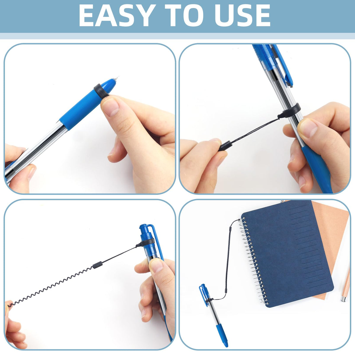 8 Pcs Pen Lanyard, 9.8" Pen Leash for Clipboard,Elastic Lanyard Tether with Silicone Rings, Retractable Stylus Tethers Holder Anti-Lost for Tether Drawing Pens to Touchscreen (Black)
