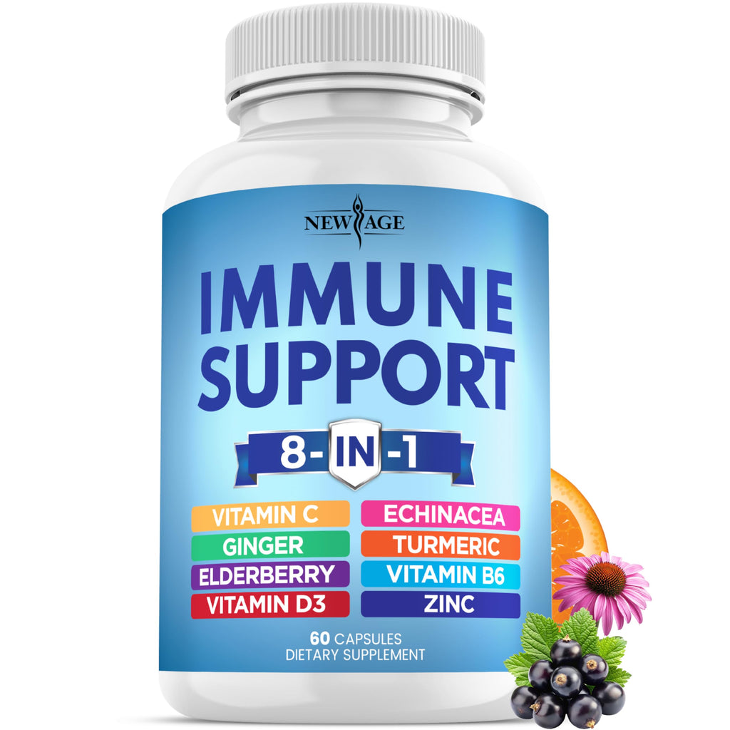 8 in 1 Immune Support Booster Supplement with Echinacea, Vitamin C and Zinc 50mg, Vitamin D 5000 IU, Turmeric Curcumin & Ginger, B6, Elderberry (8 in 1 Capsules (Pack of 3))