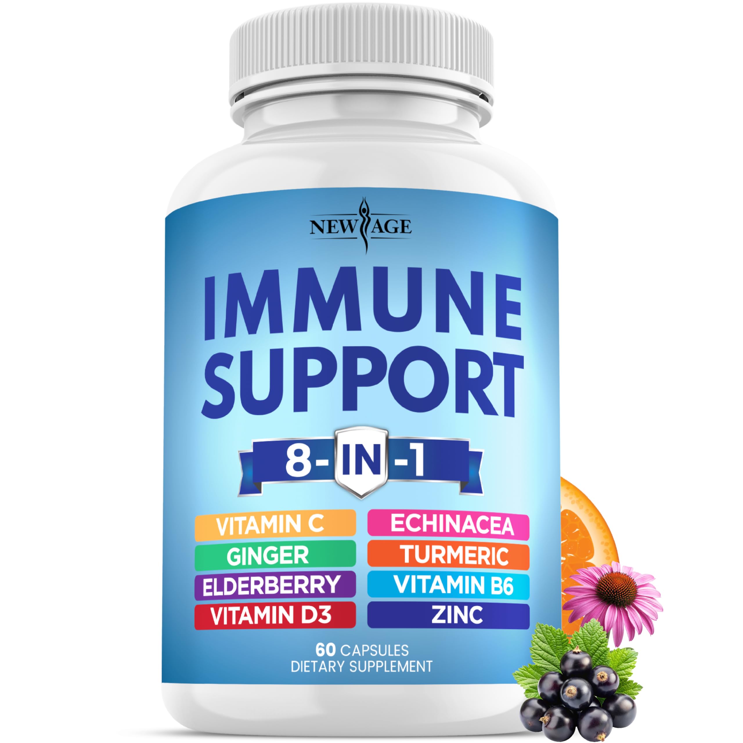 8 in 1 Immune Support Booster Supplement with Echinacea, Vitamin C and Zinc 50mg, Vitamin D 5000 IU, Turmeric Curcumin & Ginger, B6, Elderberry (8 in 1 Capsules (Pack of 3))