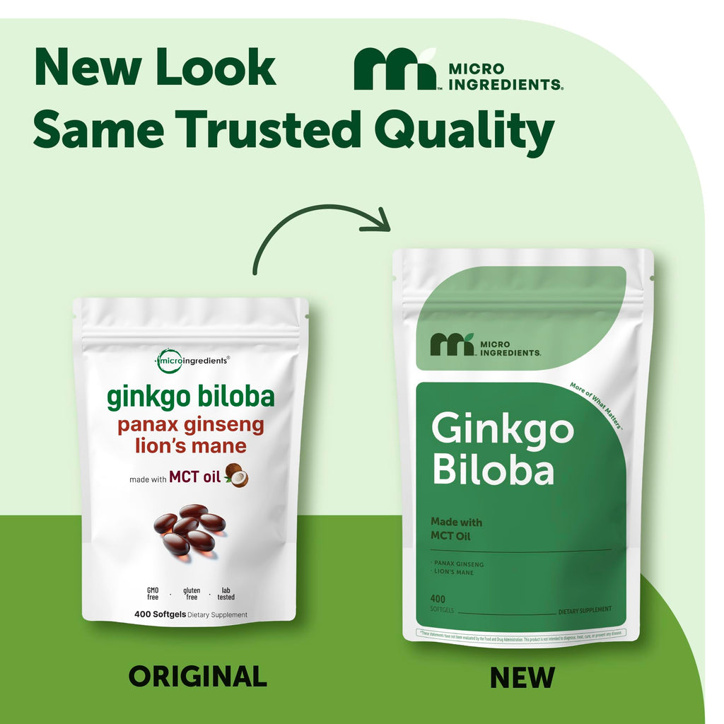 Micro Ingredients Ginkgo Biloba 120 mg Per Serving, 400 Softgels | 3-in-1 with Panax Ginseng & Lion’s Mane | Herbal Mushroom Blend | Made with MCT Oil | Non-GMO