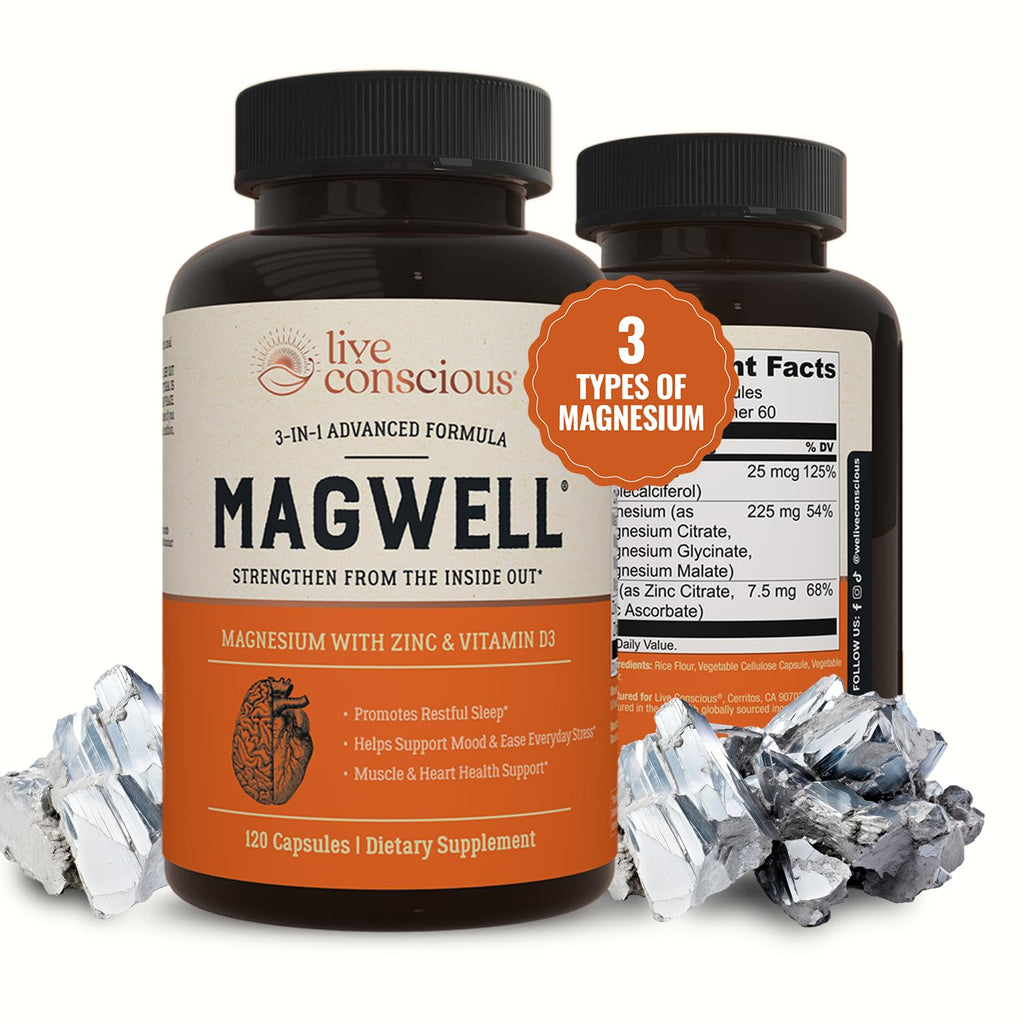 Live Conscious Magnesium Zinc & Vitamin D3 - Bioavailable Forms of Magnesium - Malate, Glycinate, Citrate - MagWell Bone & Heart Health, Immune System Support - 120 Capsules (2-Pack)