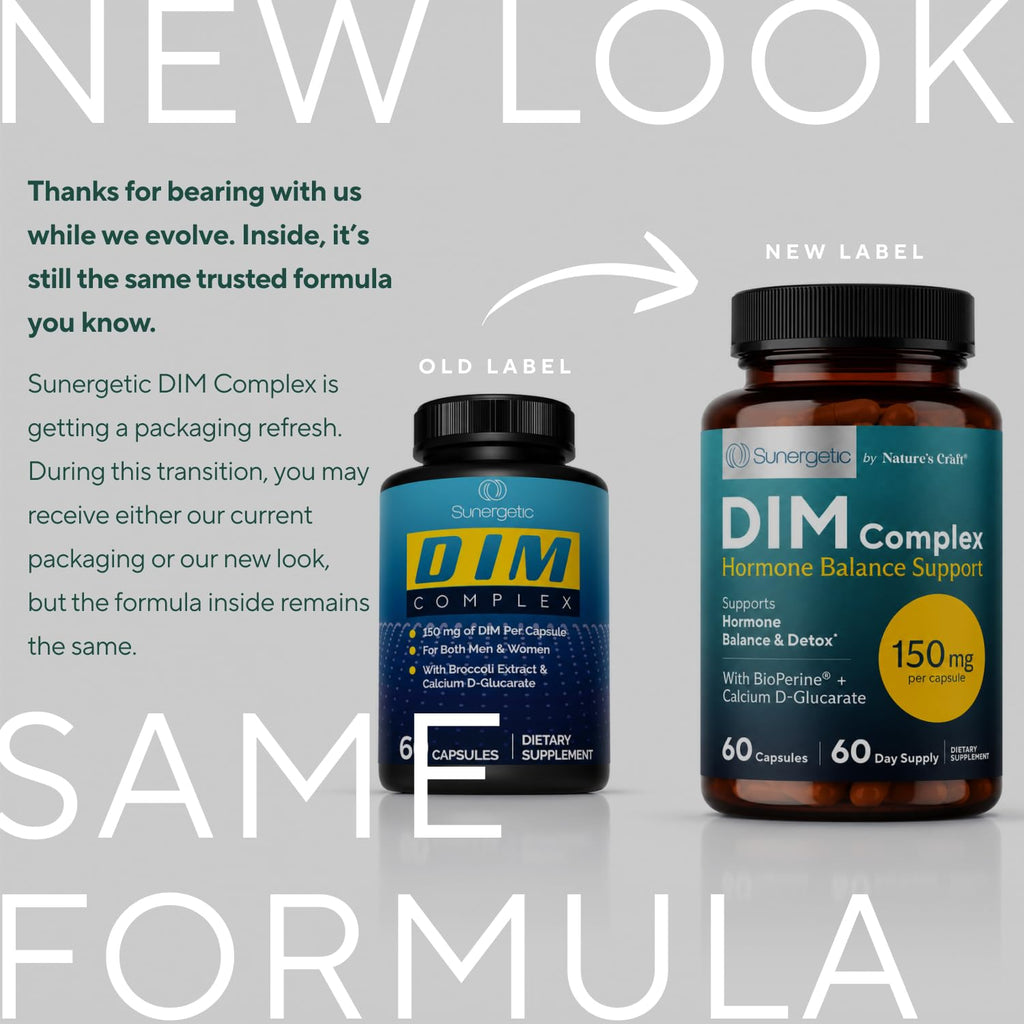 Sunergetic Premium DIM Supplement – 150mg diindolylmethane, Broccoli, Calcium D-Glucarate & Bioperine for Men & Women – DIM Complex for Menopause Support & Balance - 60 Capsules