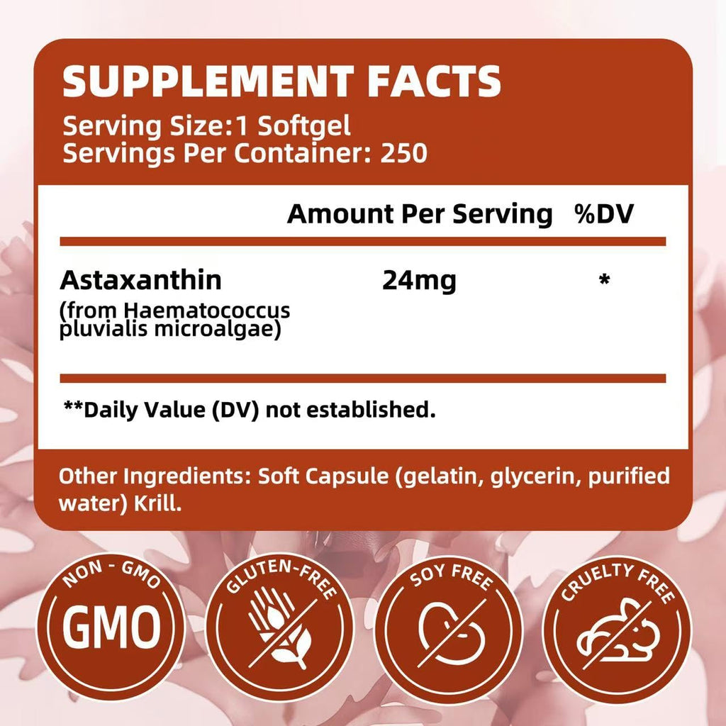 ALLBIZ Astaxanthin 24mg | 250 Softgels | 250-Day Supply | Premium Antioxidant Supplement Supports Eye, Skin, Brain & Liver Health | Natural Microalgae Source, Non-GMO, Gluten Free