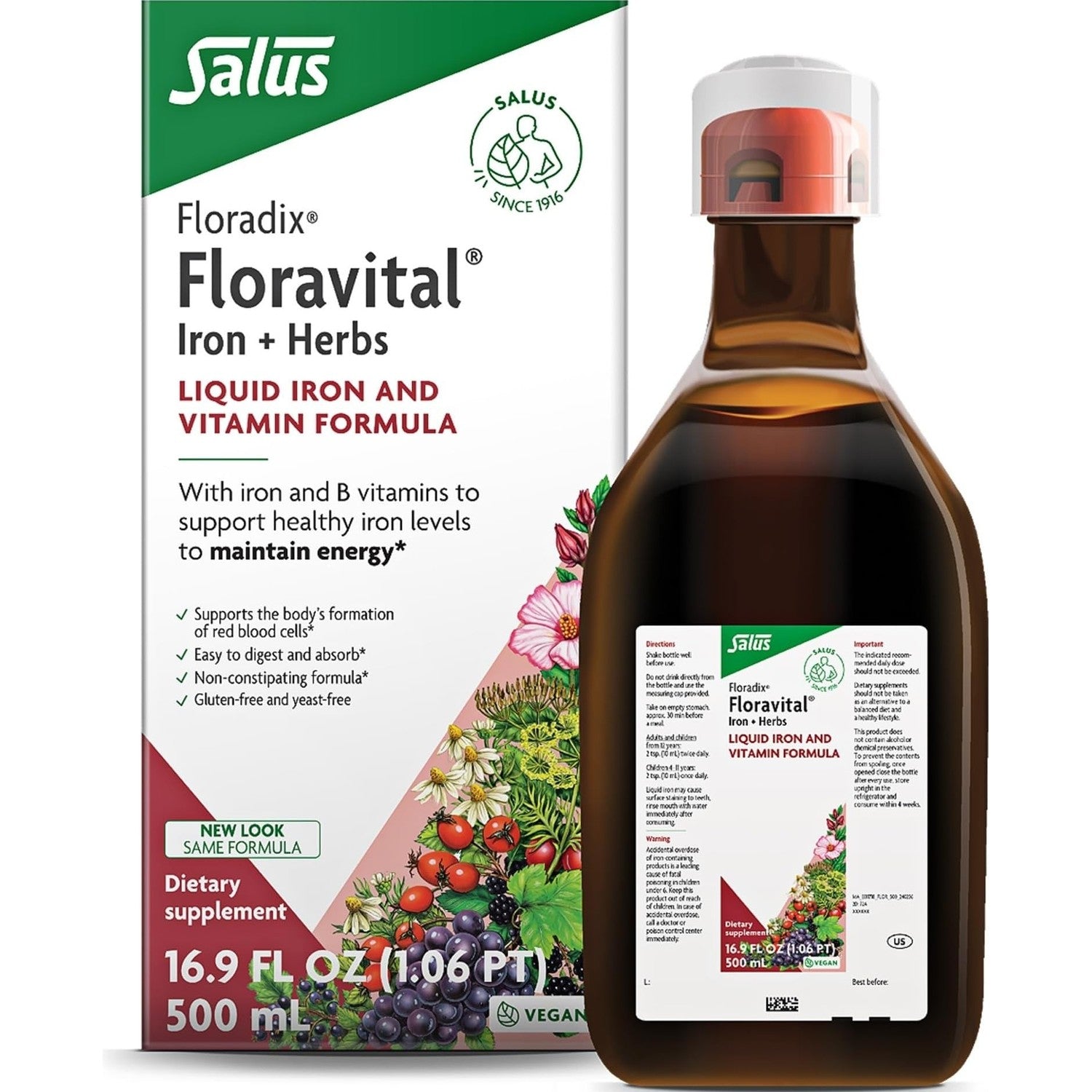 Floradix Floravital Liquid Iron Supplement, Vegan, Gluten-Free, 16.9 Fl Oz | Liquid Iron & Vitamin Formula with Ferrous Gluconate, Vitamin C, B Vitamins & Herbs for Energy Support*, Yeast-Free & Non-GMO