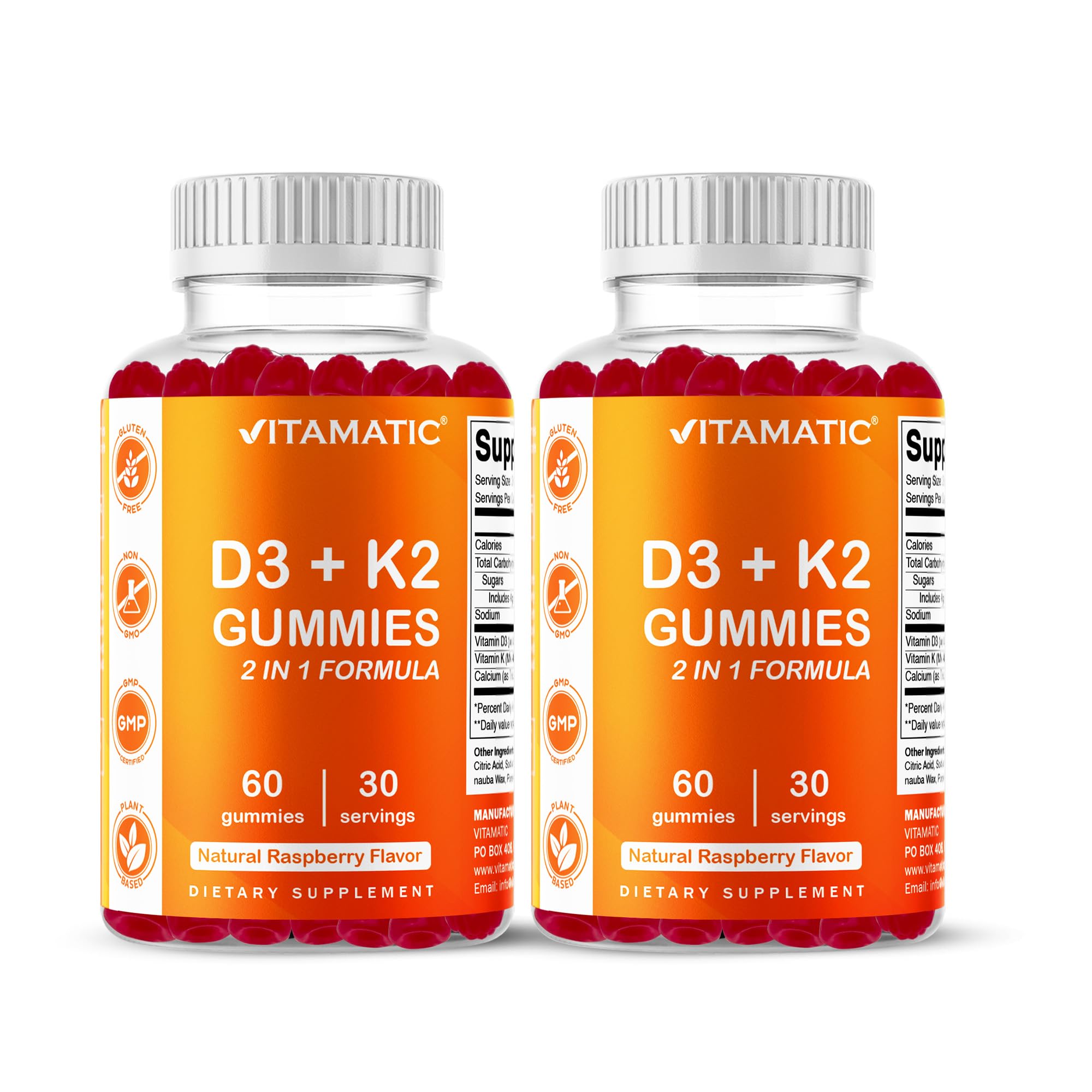 Vitamatic Vitamin D3 + K2 Gummies 60 Count | D-3 5000 IU + Vitamin K 140mcg for Bone Heart & Immune Support, Pectin-Based, Non-GMO, Gluten-Free