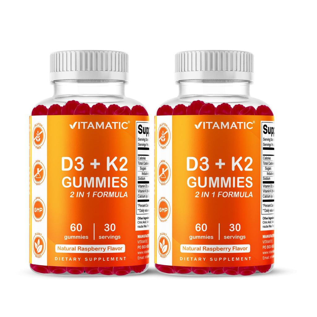 Vitamatic Vitamin D3 + K2 Gummies 60 Count | D-3 5000 IU + Vitamin K 140mcg for Bone Heart & Immune Support, Pectin-Based, Non-GMO, Gluten-Free