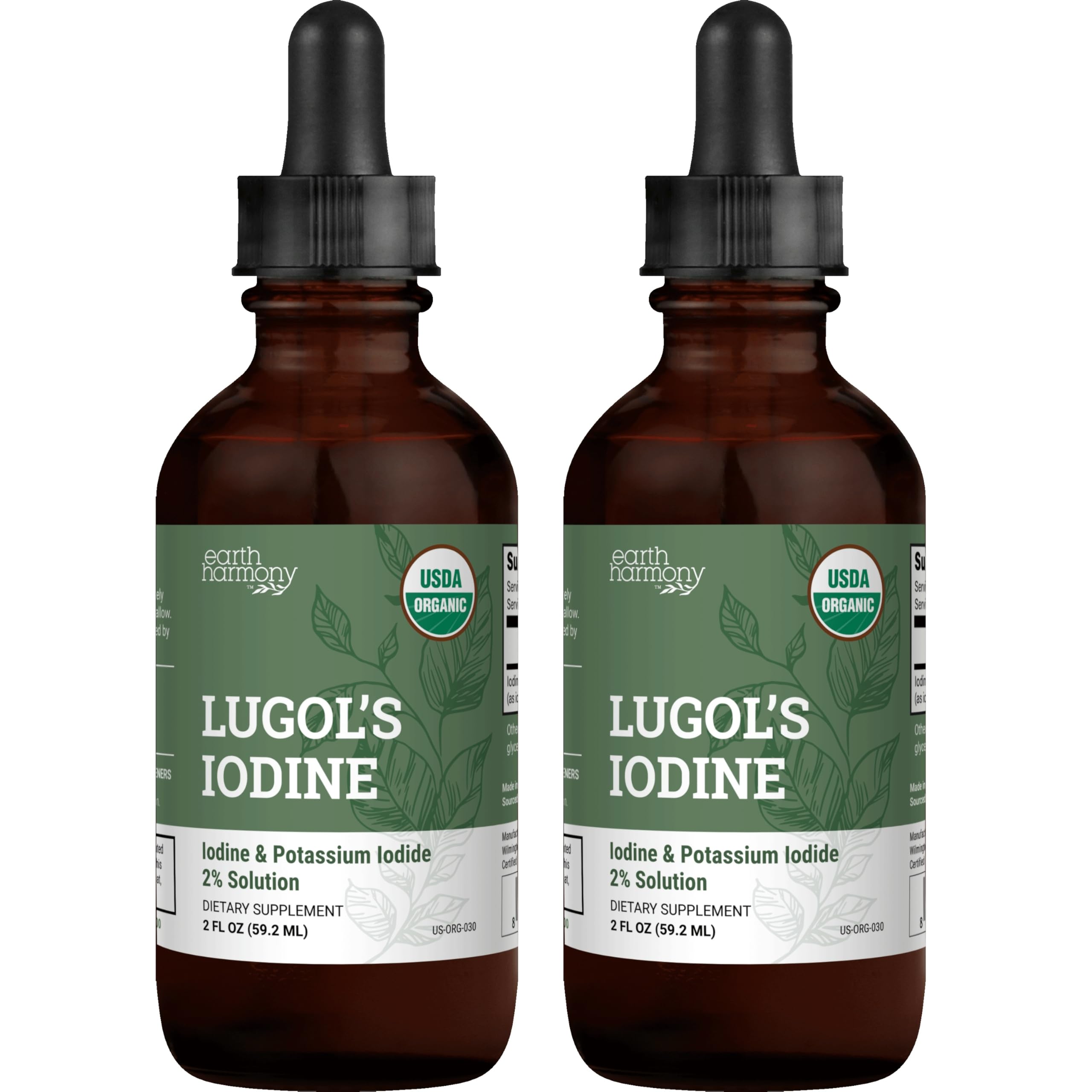 Organic Lugol's Iodine Liquid Drops Supplement - 2% Thyroid Non-GMO 2 Oz | Earth Harmony Iodine Supplement, Potassium Iodide, Thyroid Support, 3000mcg