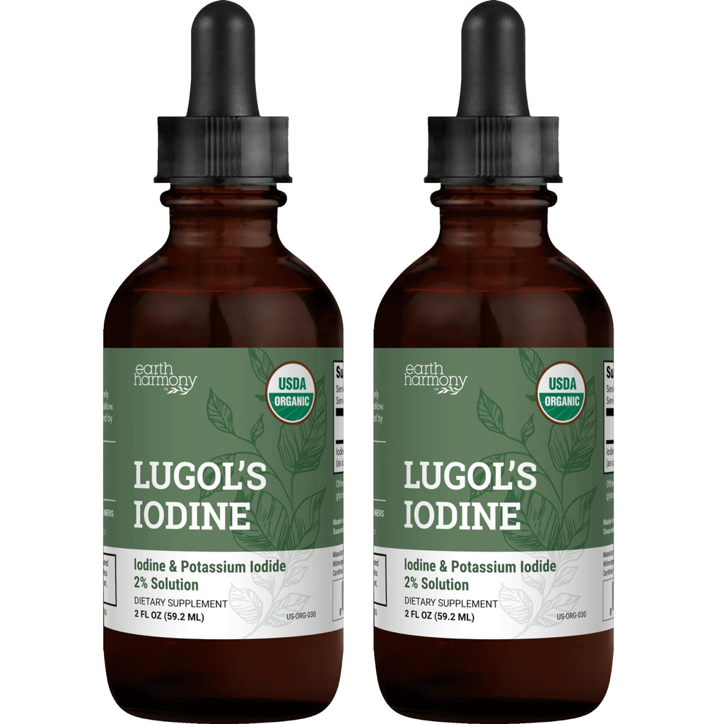 Organic Lugol's Iodine Liquid Drops Supplement - 2% Thyroid Non-GMO 2 Oz | Earth Harmony Iodine Supplement, Potassium Iodide, Thyroid Support, 3000mcg