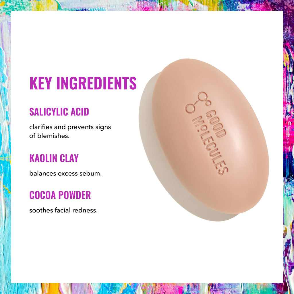Good Molecules Clarify and Cleanse Bar, Salicylic Acid Bar Soap, 3.15 oz | Soap-free cleansing bar with salicylic acid, kaolin clay, and cacao for blemish-prone skin.