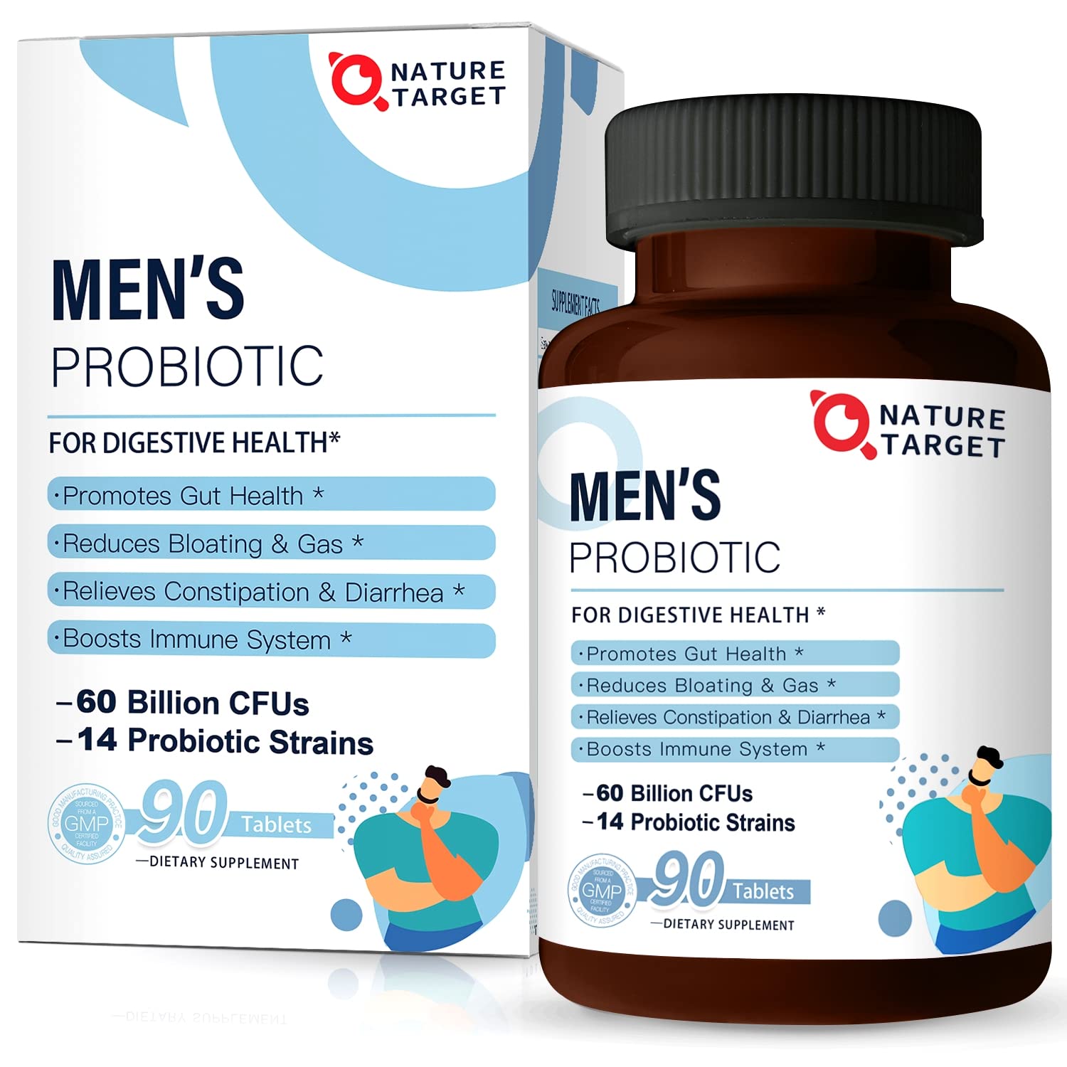 NATURE TARGET Probiotics for Men, 60 Billion CFU, 90 Veggie Tablets | 14 Strains Probiotics & Prebiotics for Men's Digestive & Immune Health, Shelf Stable, Gluten & Soy Free