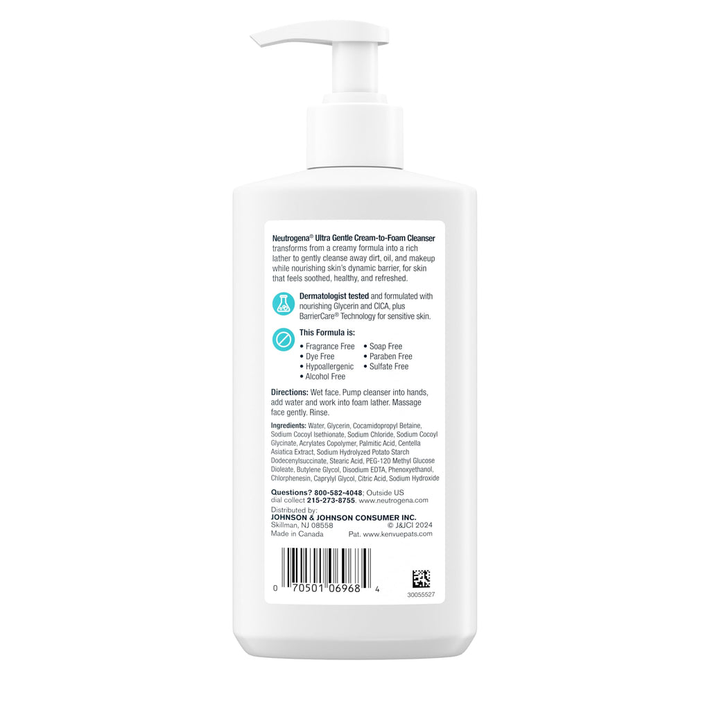 Buy now Neutrogena Ultra Gentle Cream to Foaming Face Wash for Sensitive Skin, Fragrance-Free Gentle Facial Cleanser, Hypoallergenic Skin Care, Non-Comedogenic Makeup Remover, 8.5 oz at indiglob india