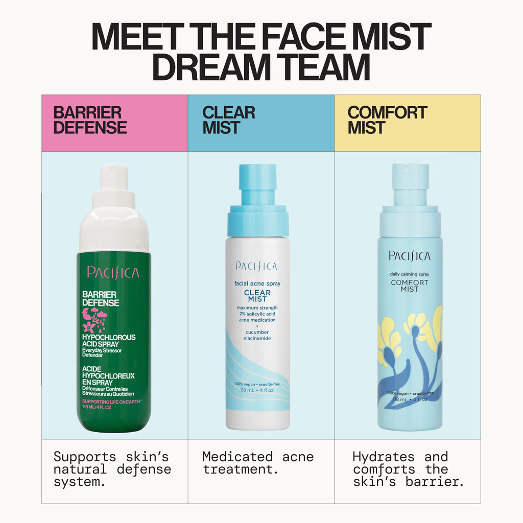 Pacifica Hypochlorous Acid Spray for Face and Skin; Barrier Defense Facial Mist | Soothe Redness, Acne, Eczema, Irritation | HOCl Non-Toxic Clean Formula Facial Cleanser Spray | Fragrance-Free, Vegan