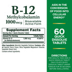 Nature's Bounty Vitamin B-12 Quick Dissolve Tablets, 1000mcg, Aids in the Conversion of Food into Cellular Energy, Cherry Flavor, 60ct