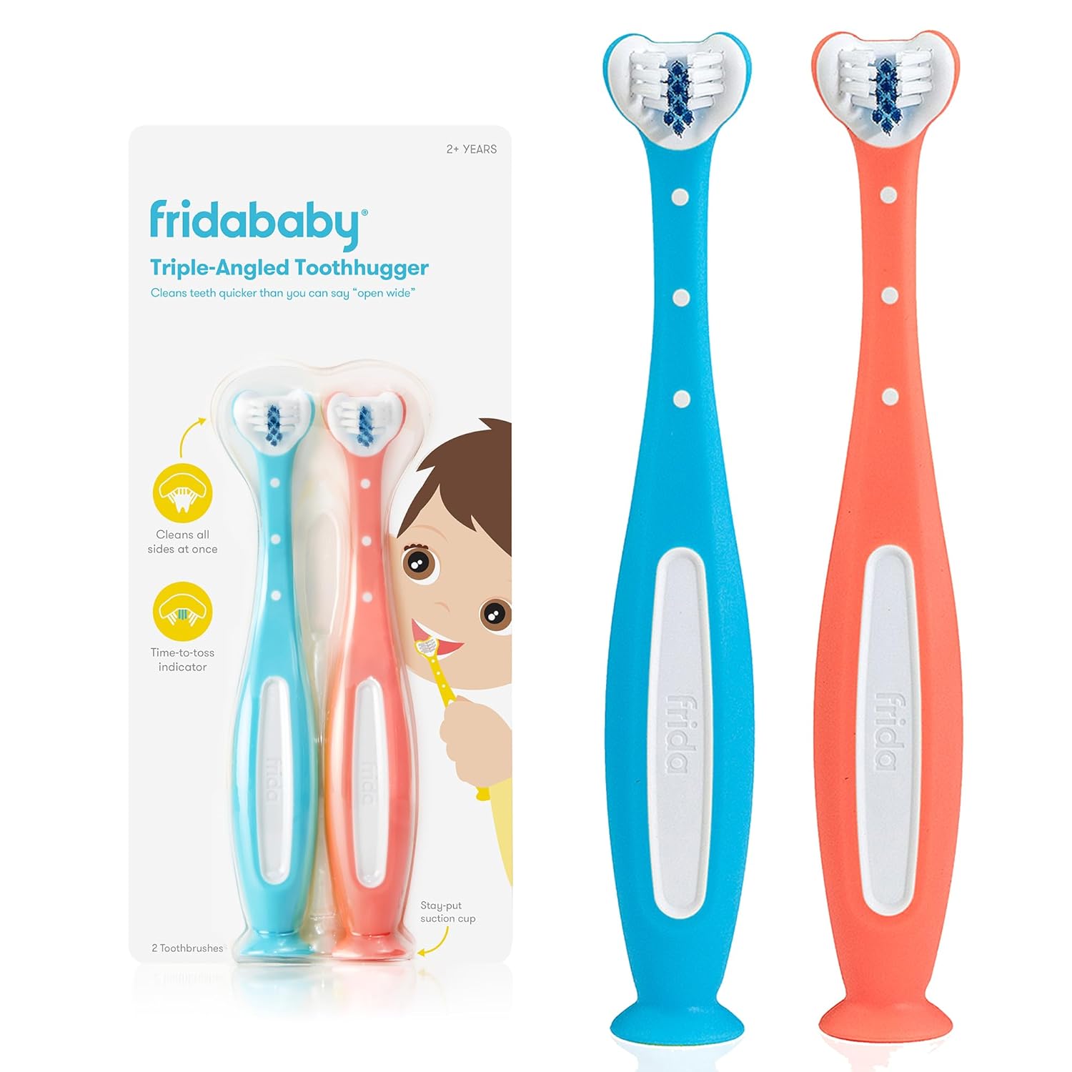 Buy now Frida Baby Triple-Angle Toothhugger Training Toddler Toothbrush | Toddler Toothbrush 2 Years and Up, Cleans All Sides at Once | Pink 2 Count (Pack of 1) Pink + Blue at indiglob india