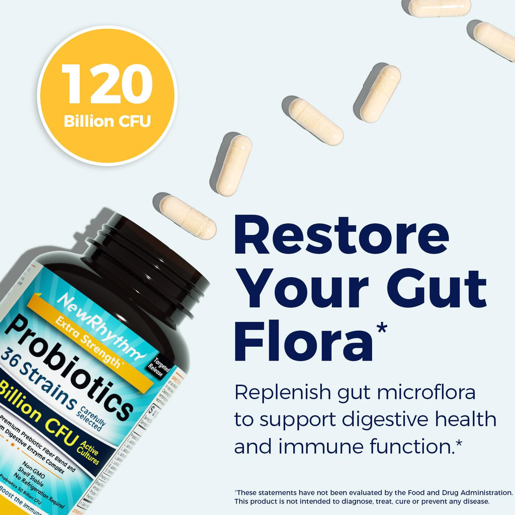 Probiotics 120 Billion CFU 36 Strains 3-in-1 with Prebiotics & Enzymes 60ct | NewRhythm Probioticos for Women & Men, Vegan Targeted Release Probiotic Supplement