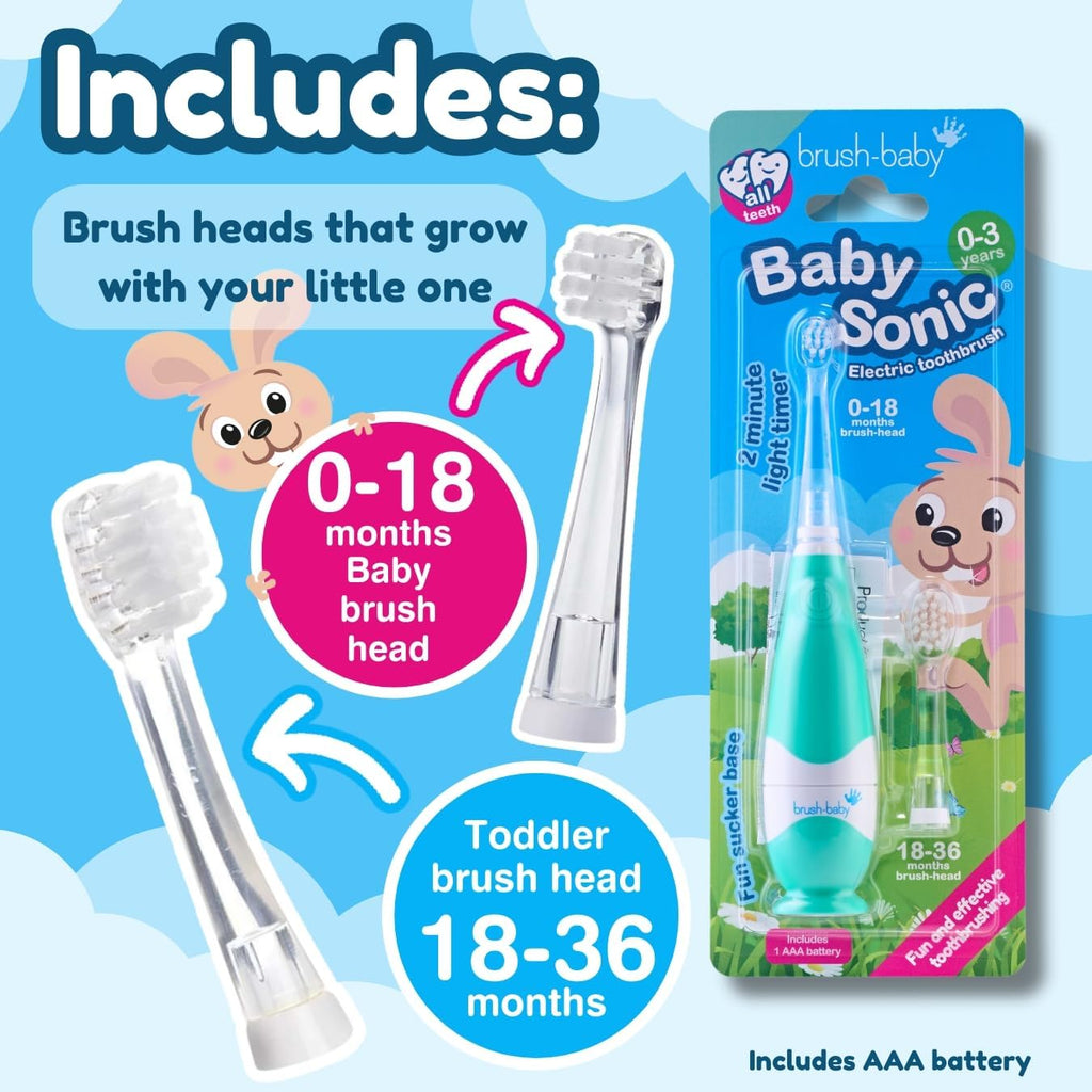 Buy now brush-baby BabySonic Infant and Toddler Electric Toothbrush for Ages 0-3 Years - Smart LED Timer and Gentle Vibration Provide a Fun Brushing Experience - Includes 2 Sensitive Brush Heads (Teal) at indiglob india