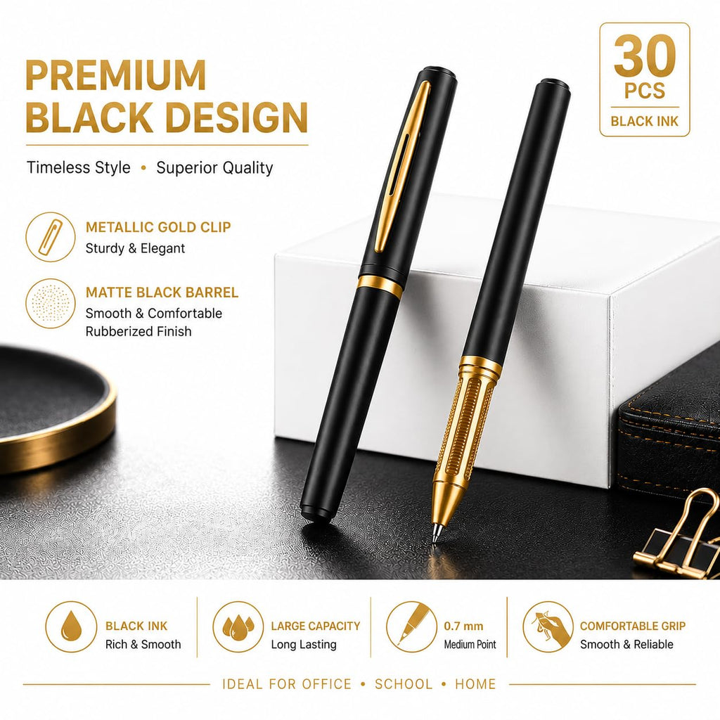 30ct Black Gel Pens 0.7mm Medium Point Smooth Writing Bulk Set