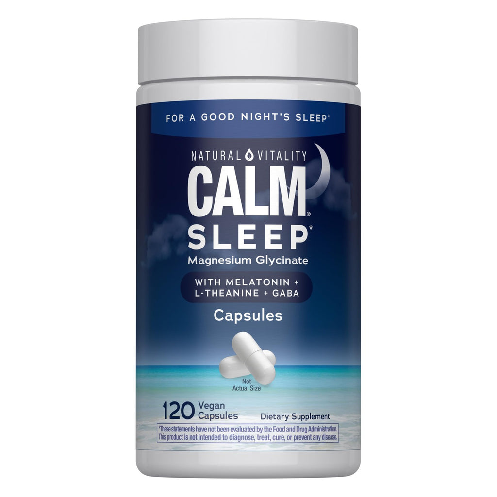 Natural Vitality Calm Sleep Capsules | Magnesium with Melatonin, L-Theanine & Gaba Supplement | For a Good Night's Sleep | Non-GMO, Gluten Free & Vegan | 120 Count